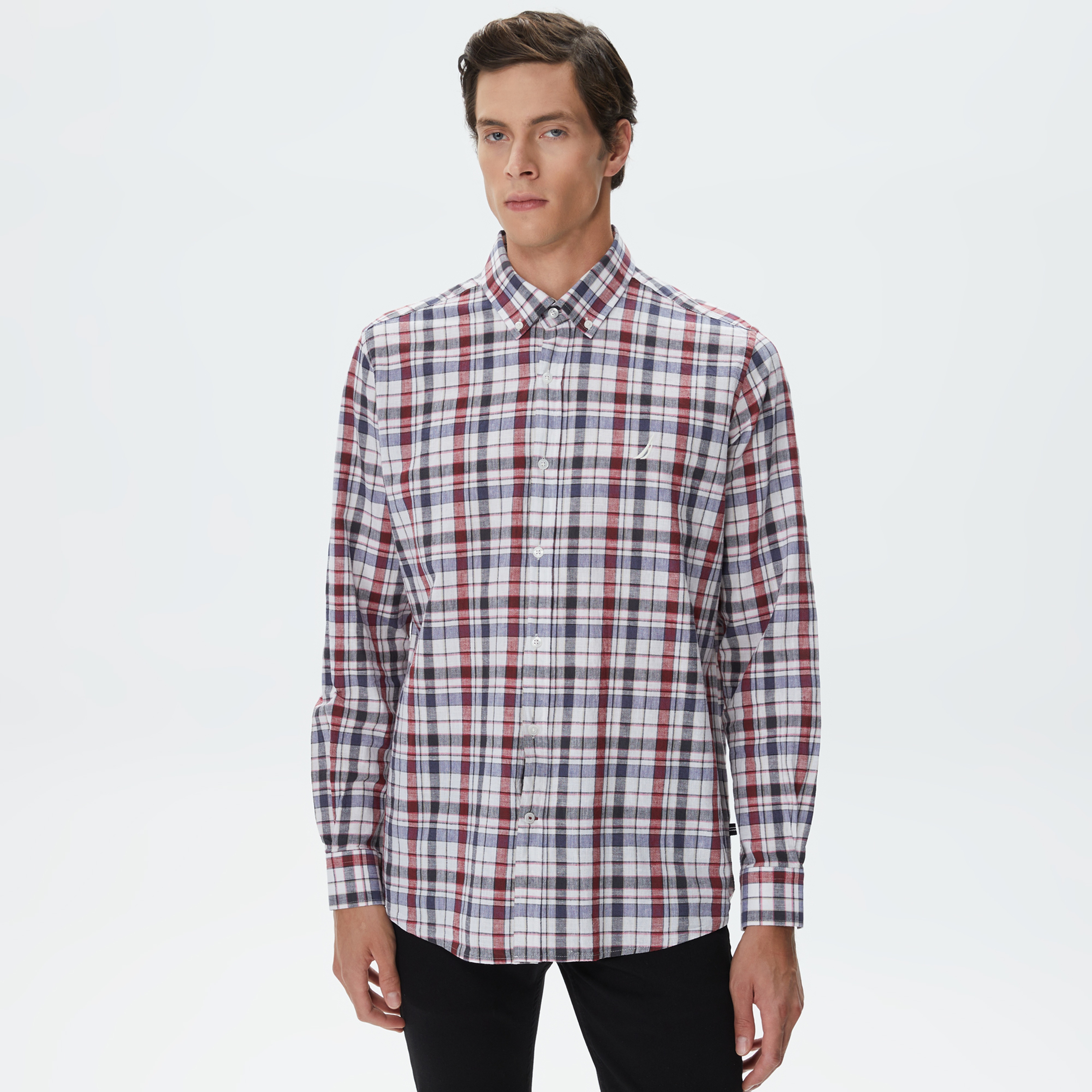 Nautica Erkek Kırık Beyaz Classic Fit Uzun Kollu Ekoseli Gömlek