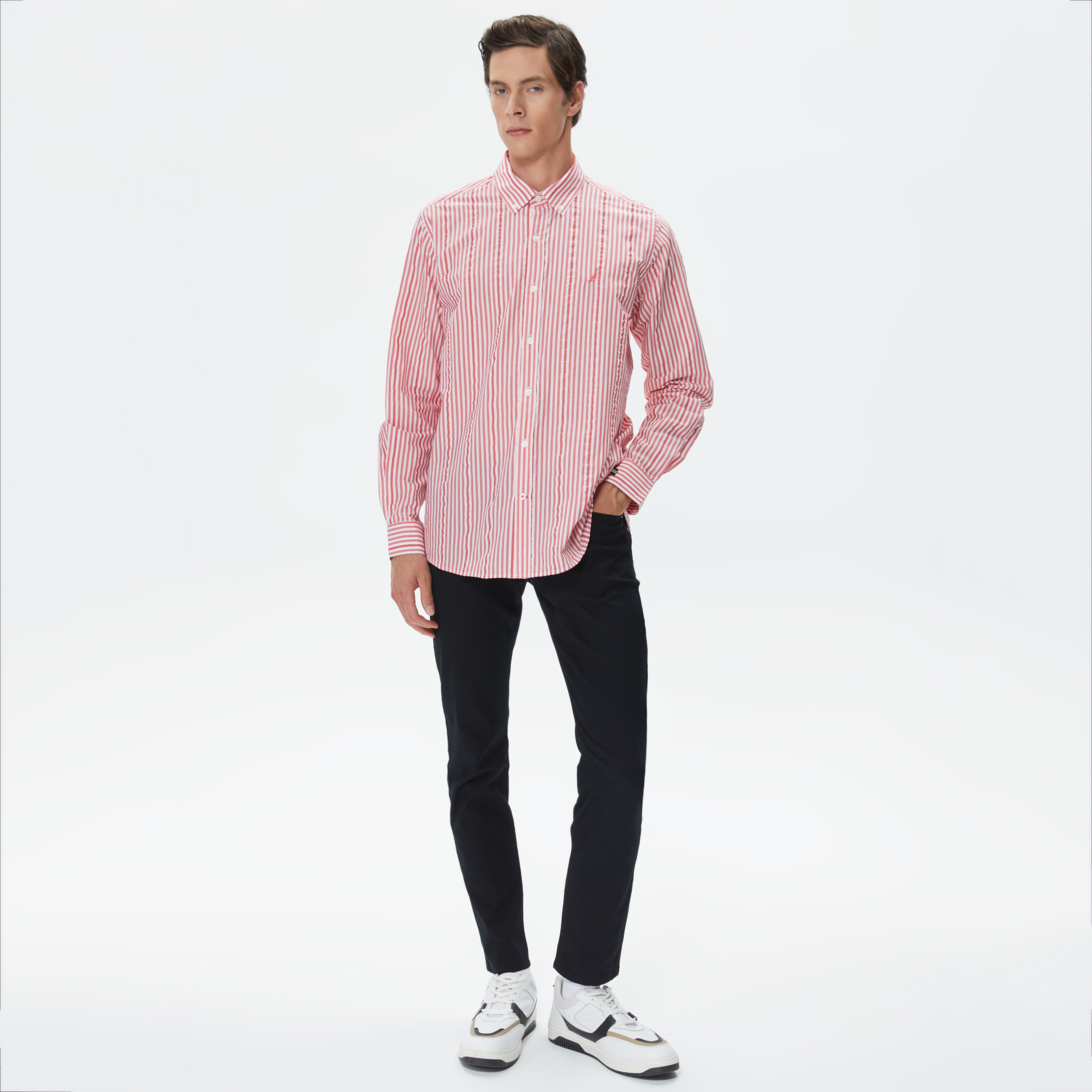 Nautica Erkek Kırmızı Classic Fit Uzun Kollu Çizgili Gömlek