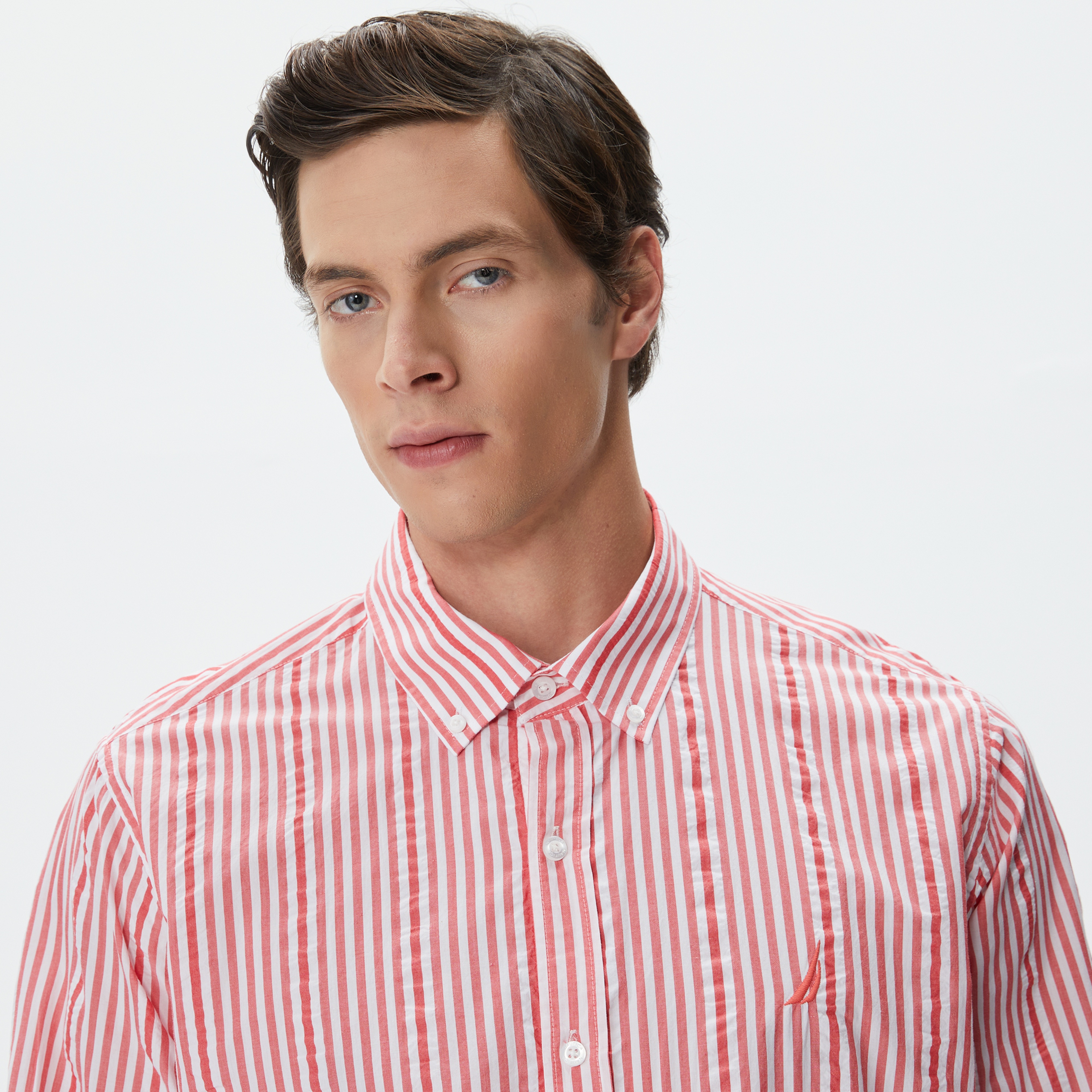 Nautica Erkek Kırmızı Classic Fit Uzun Kollu Çizgili Gömlek