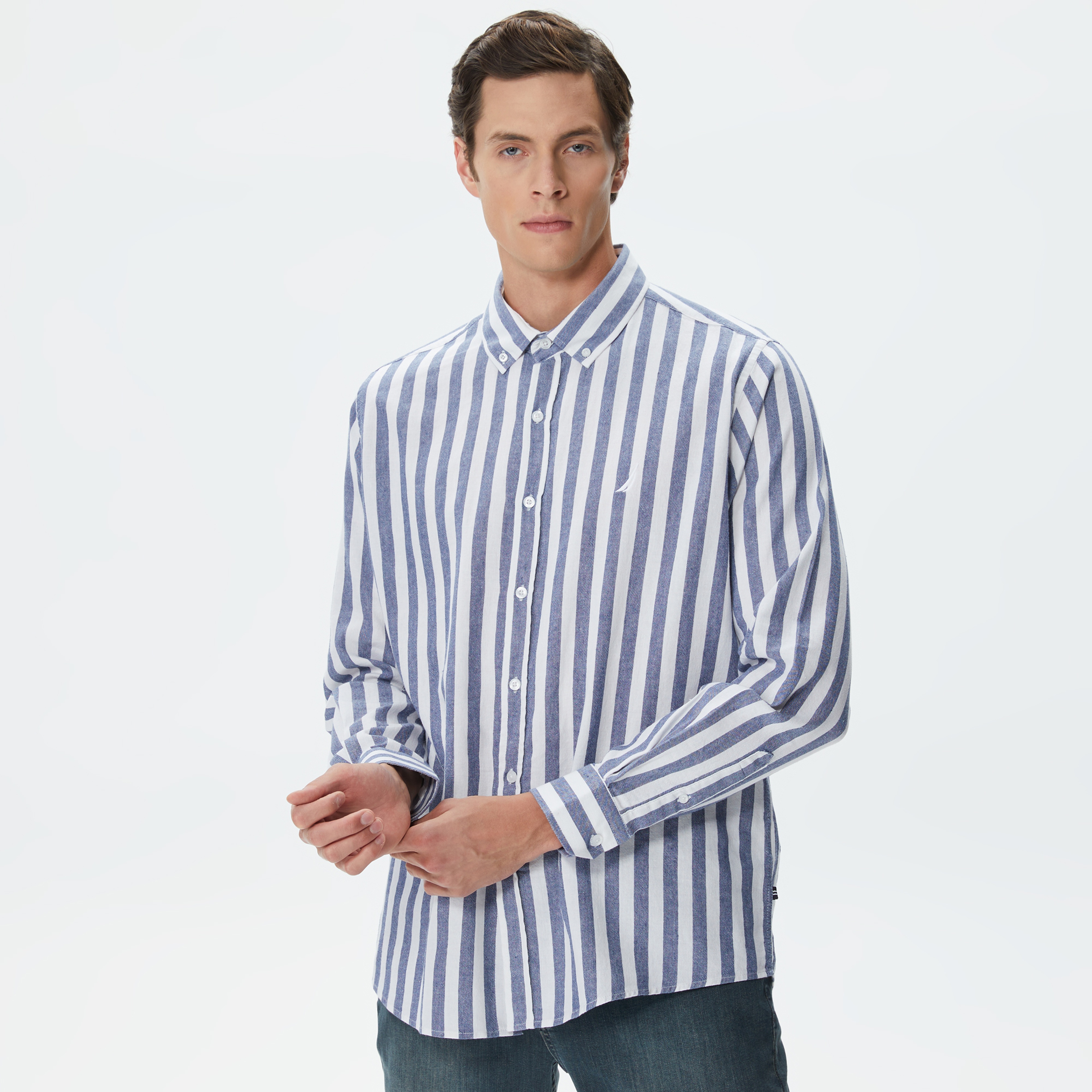 Nautica Erkek Lacivert Classic Fit Uzun Kollu Çizgili Gömlek