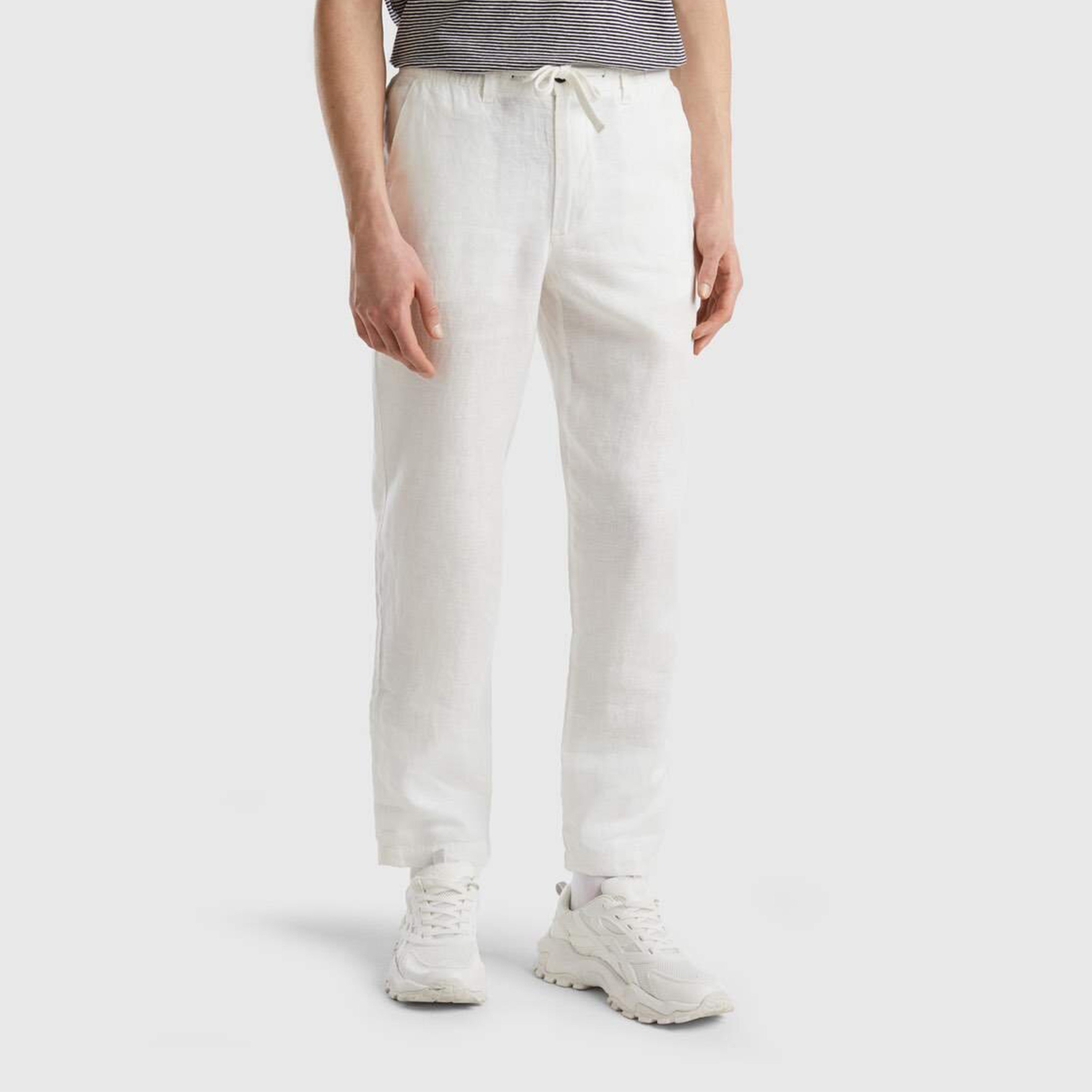 Benetton Belden Bağlamalı Keten Erkek Krem Pantolon
