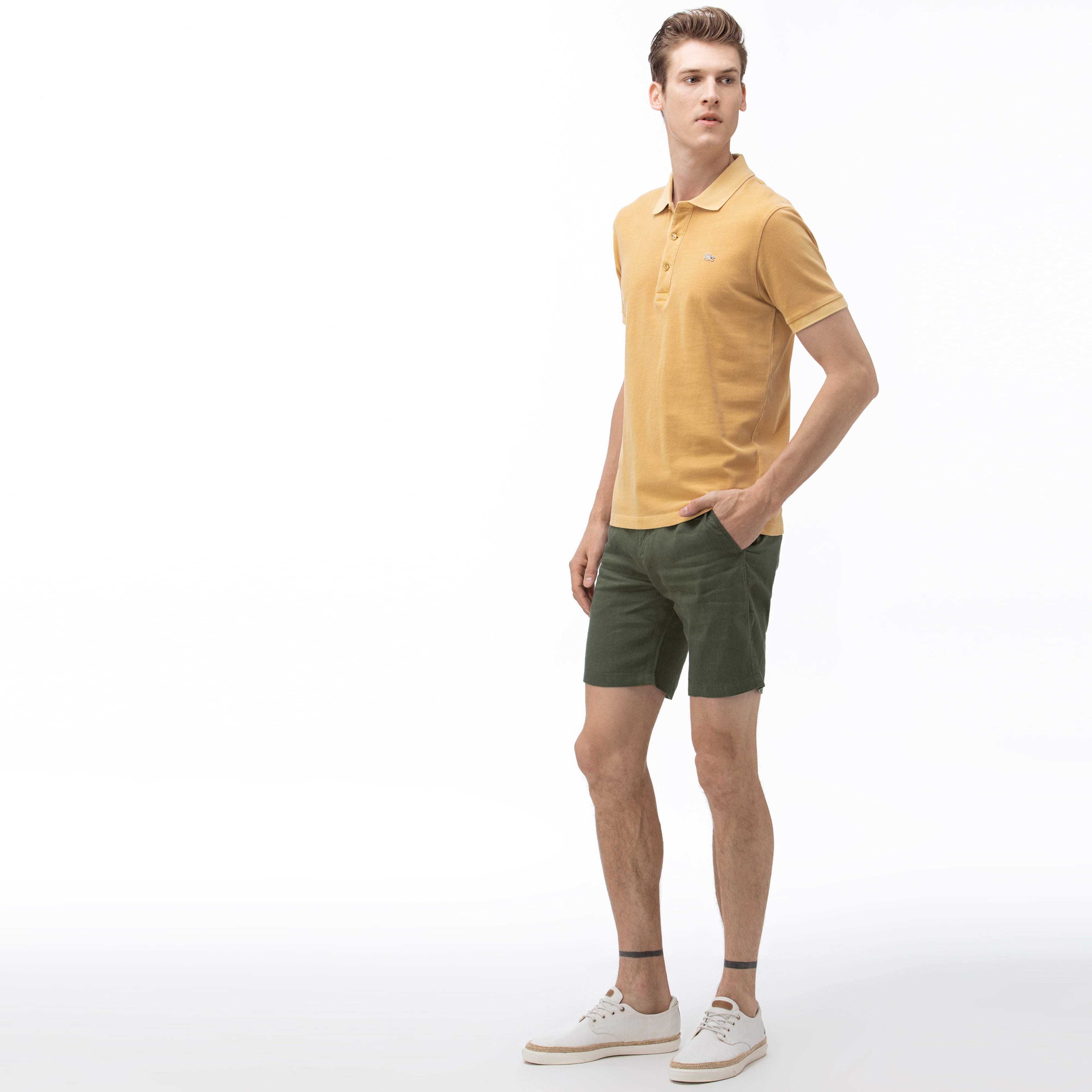 Lacoste Erkek Slim Fit Keten Yeşil Bermuda