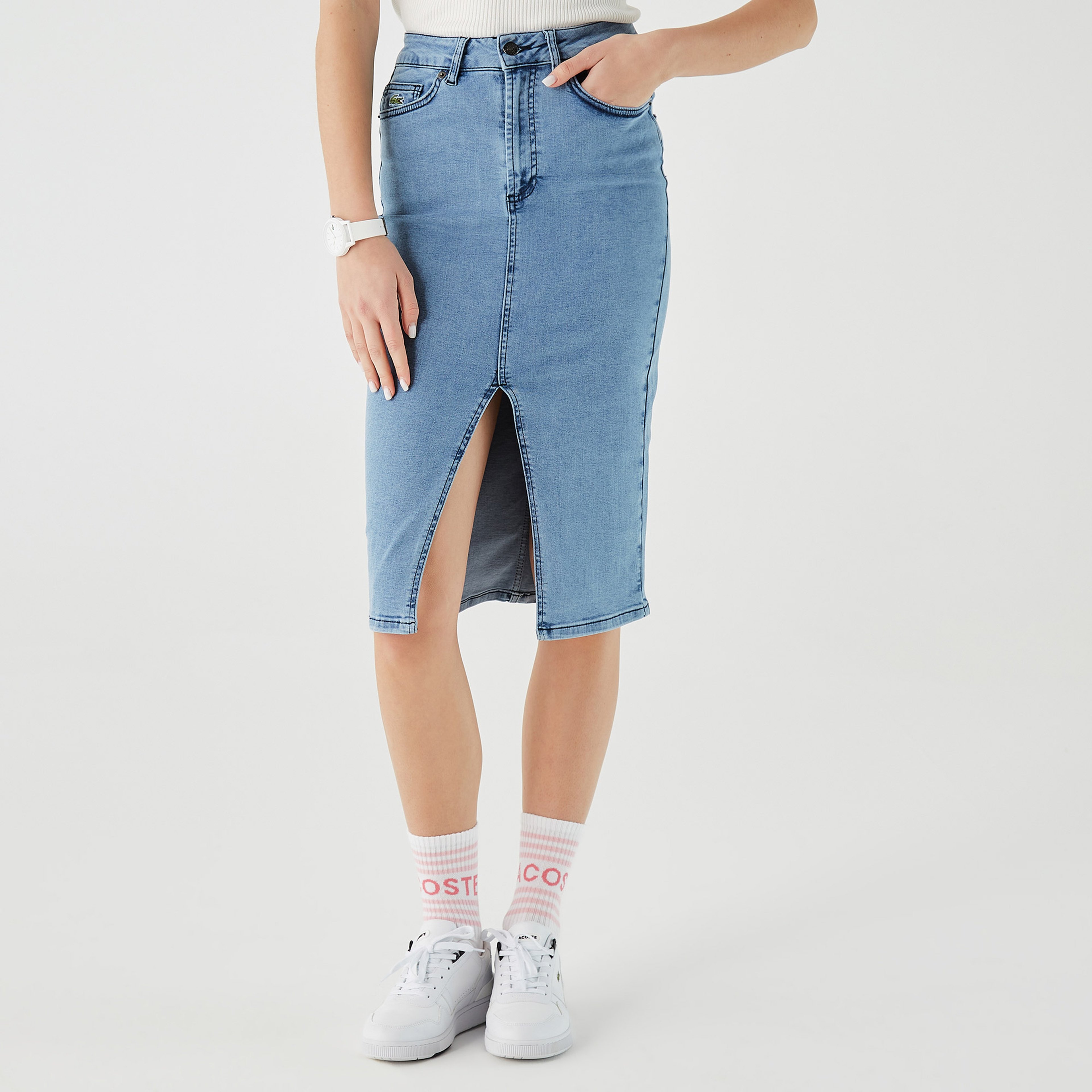 Lacoste Kadın Slim Fit Mavi Denim Etek