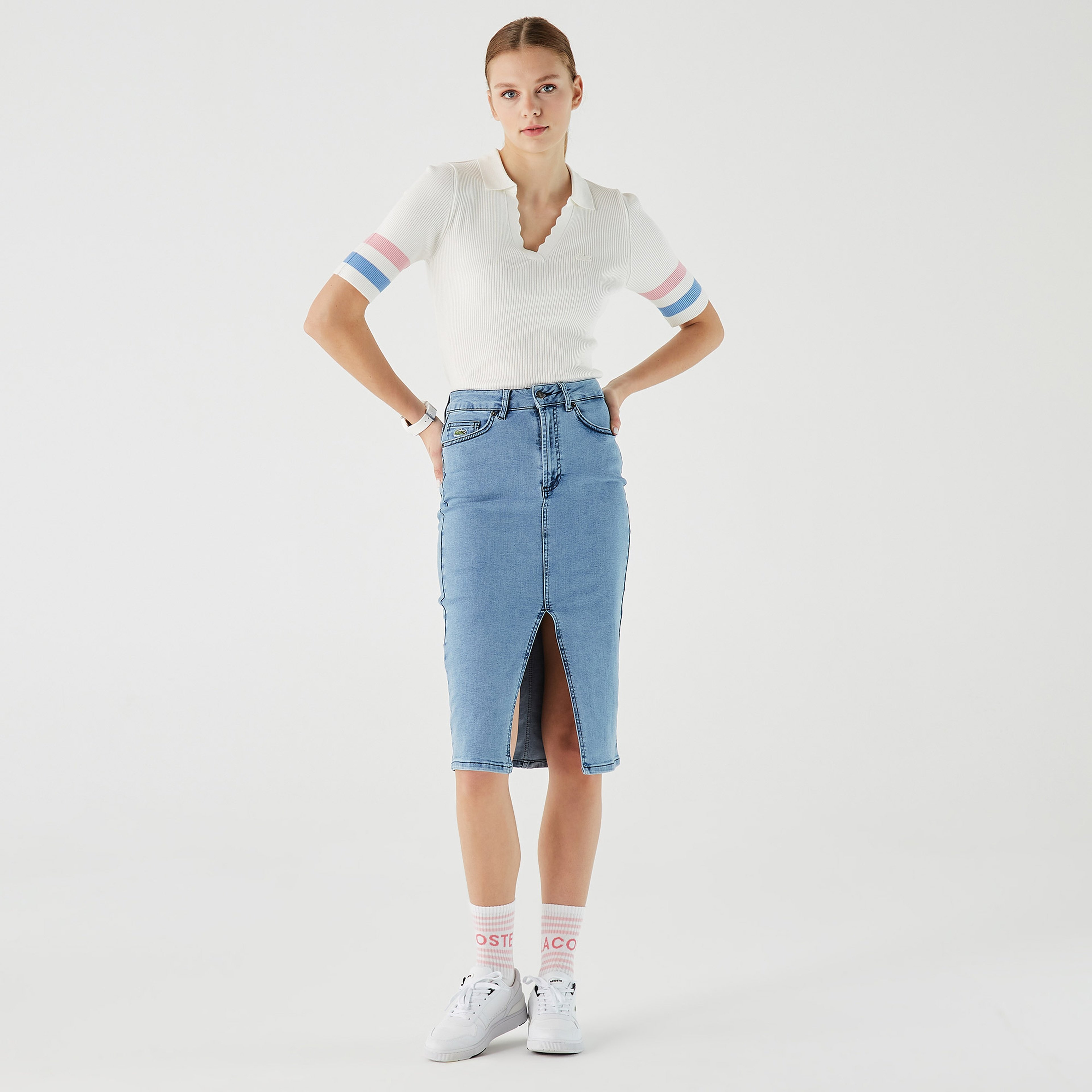 Lacoste Kadın Slim Fit Mavi Denim Etek