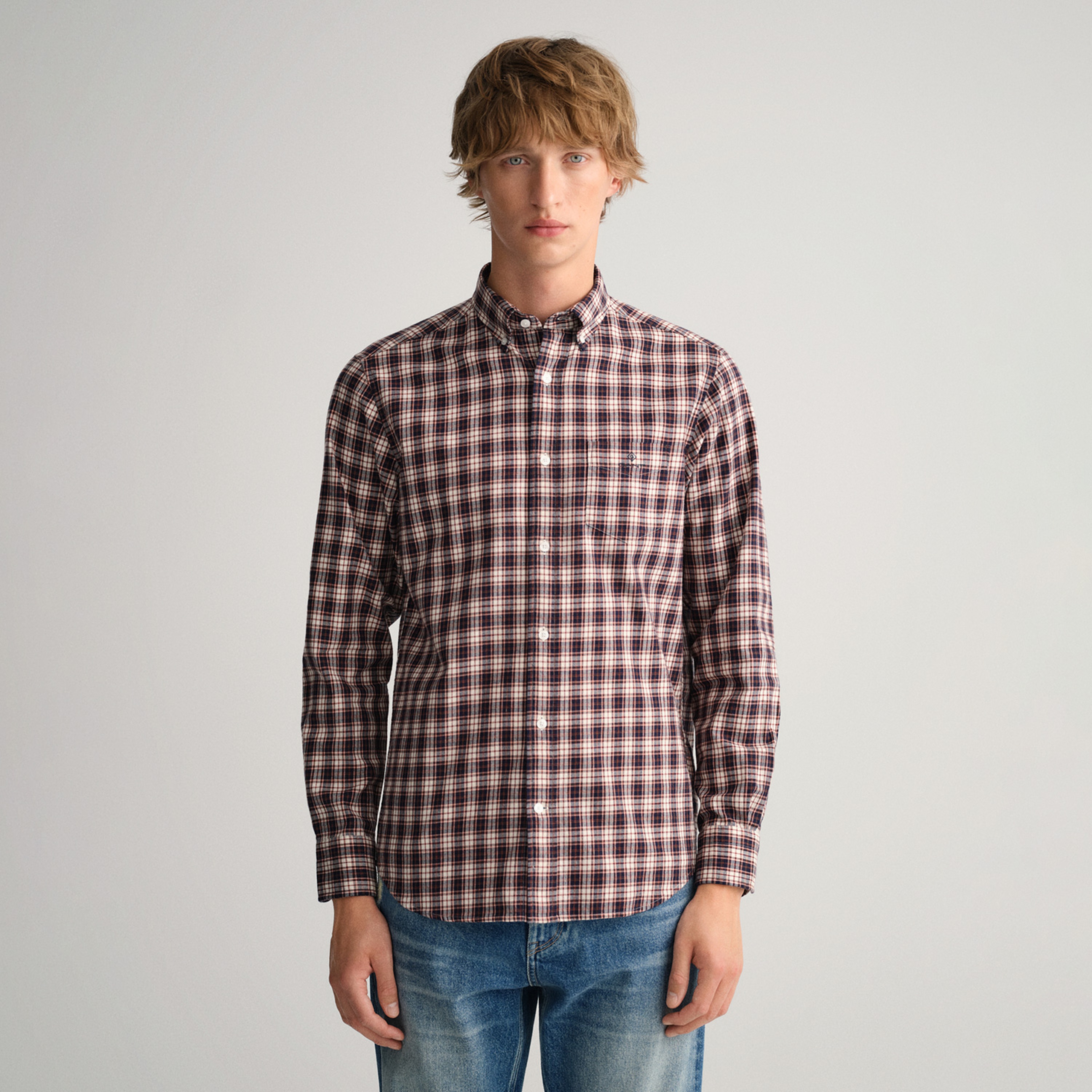 Gant Erkek Lacivert Regular Fit Düğmeli Yaka Kareli Gömlek