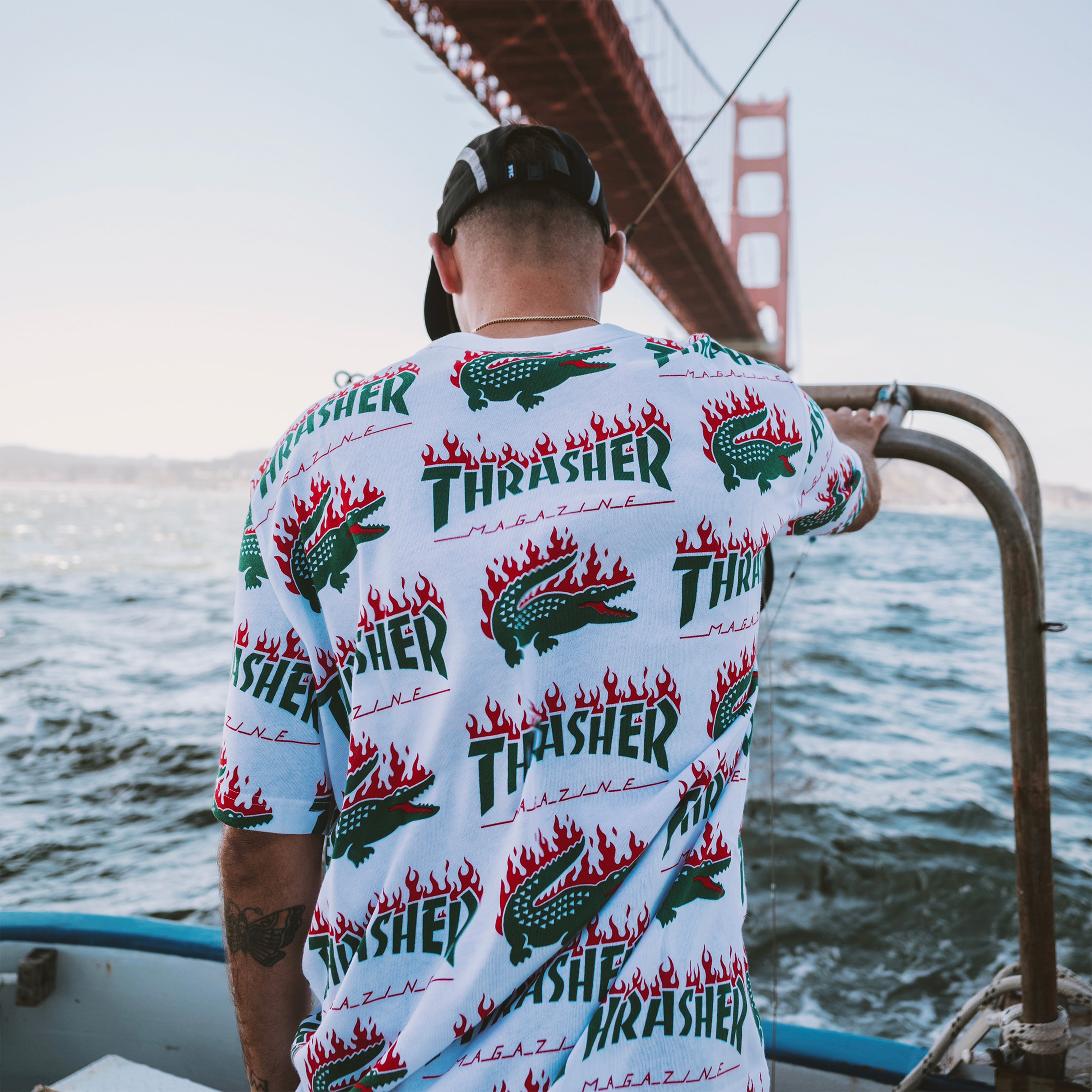 Lacoste X Trasher Baskılı Unisex Beyaz T-shirt