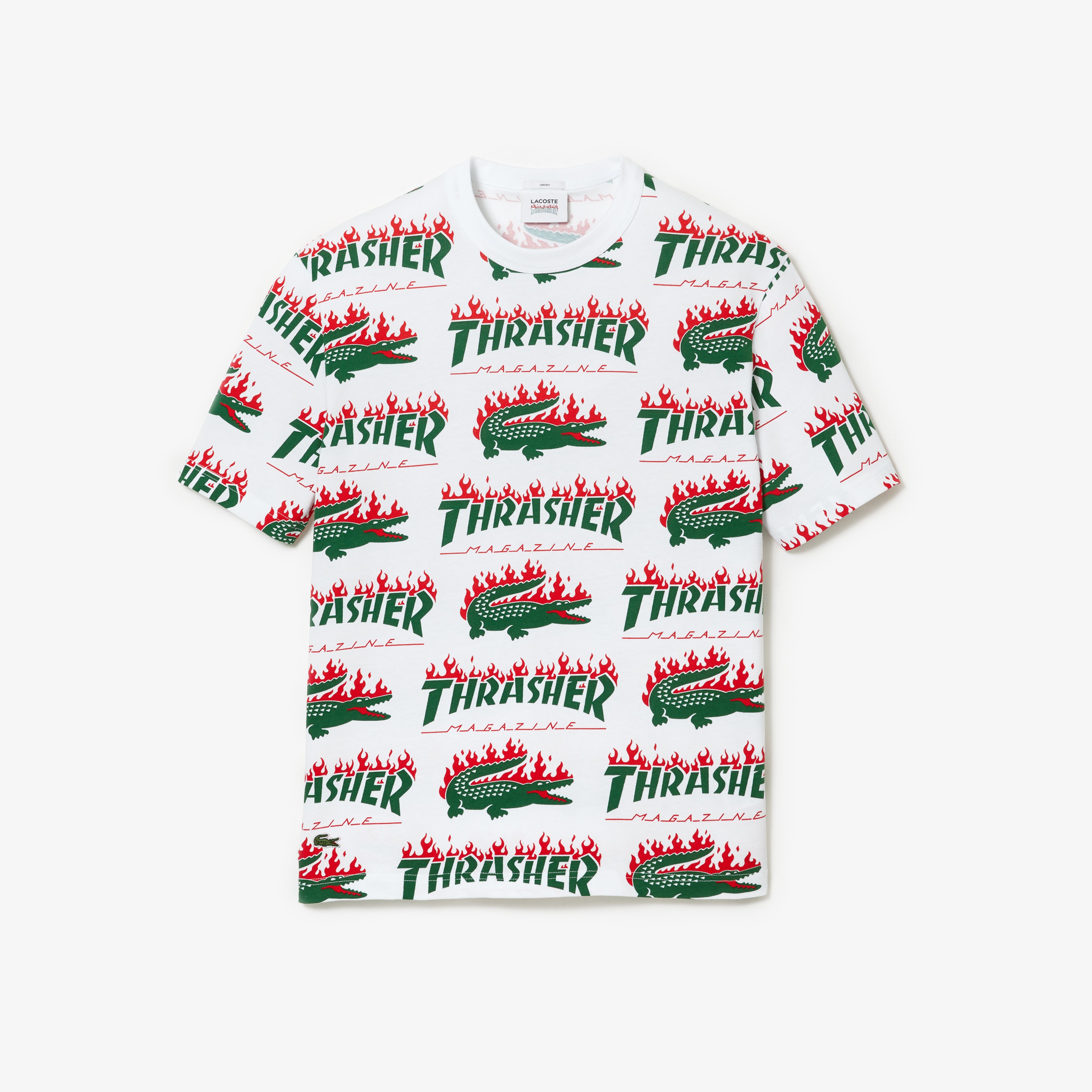 Lacoste X Trasher Baskılı Unisex Beyaz T-shirt