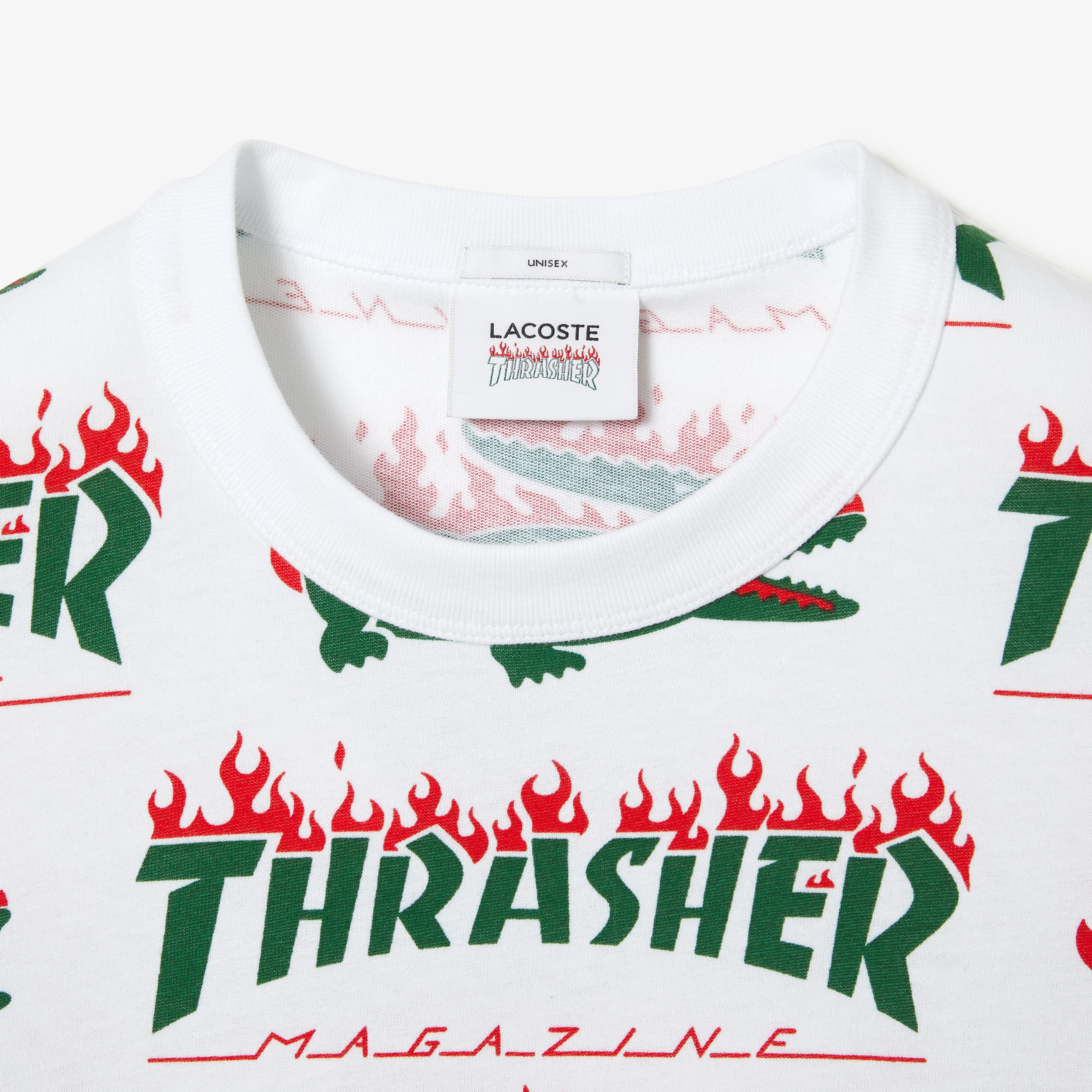 Lacoste X Trasher Baskılı Unisex Beyaz T-shirt