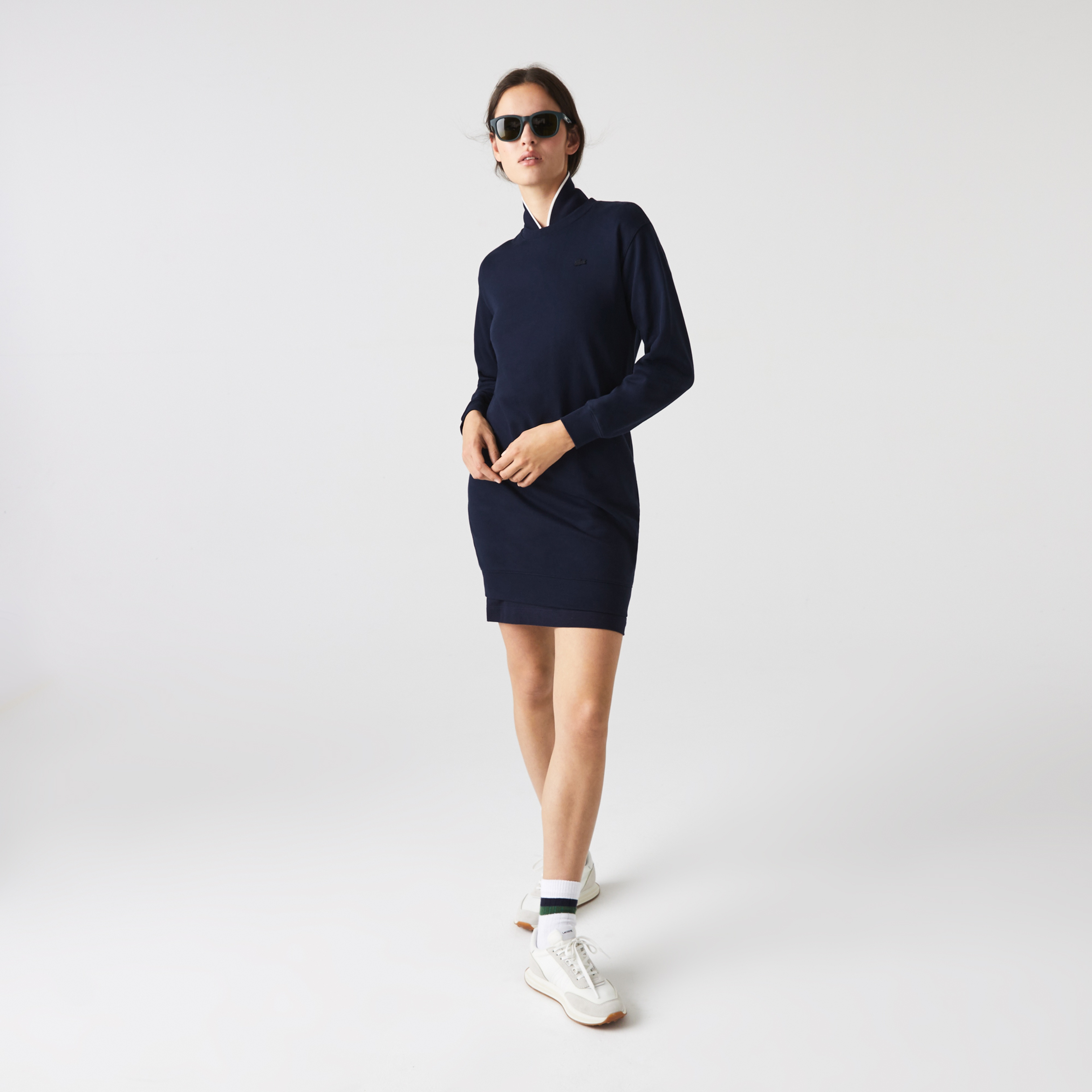 Lacoste Kadın Loose Fit Uzun Kollu Bisiklet Yaka Desenli Lacivert Elbise