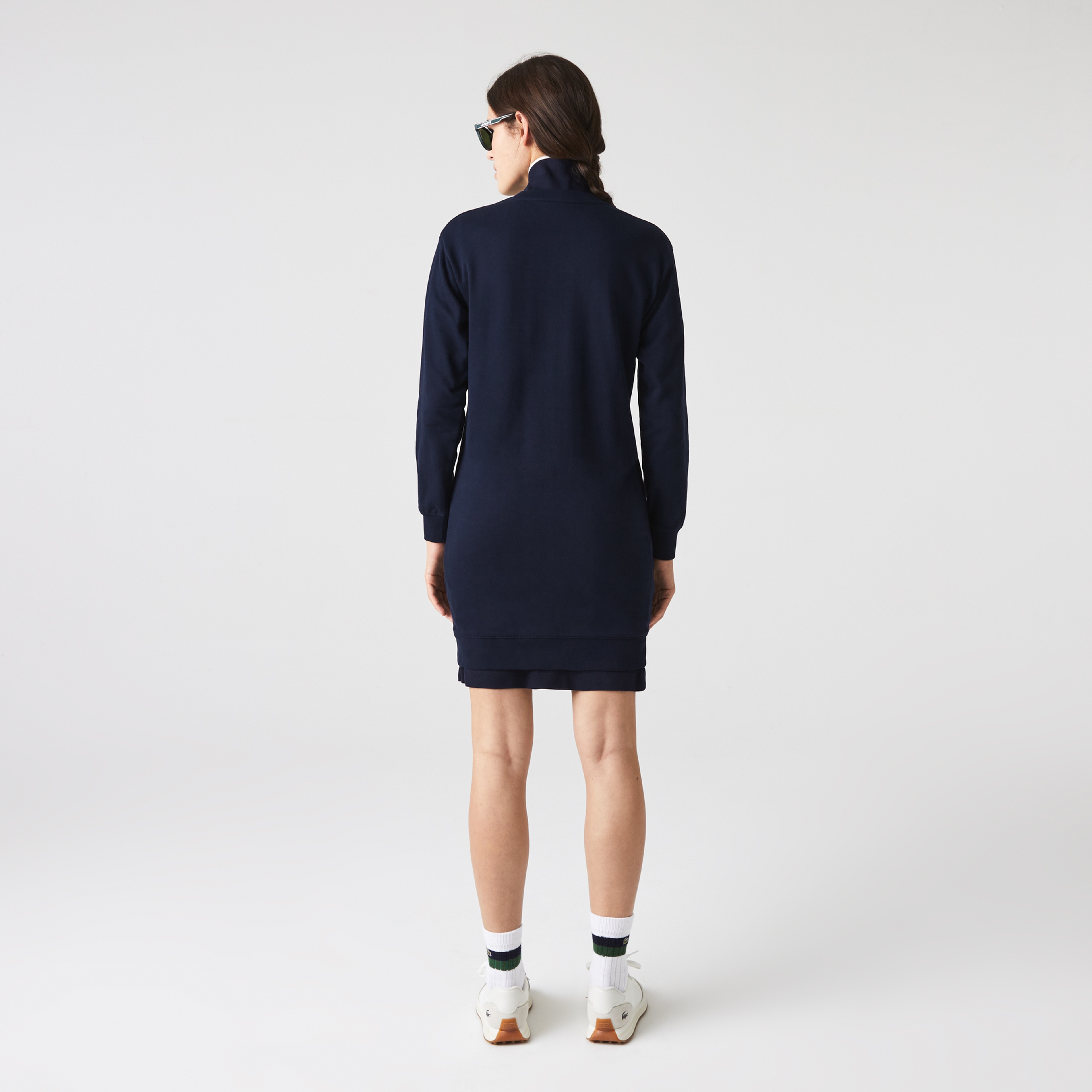 Lacoste Kadın Loose Fit Uzun Kollu Bisiklet Yaka Desenli Lacivert Elbise