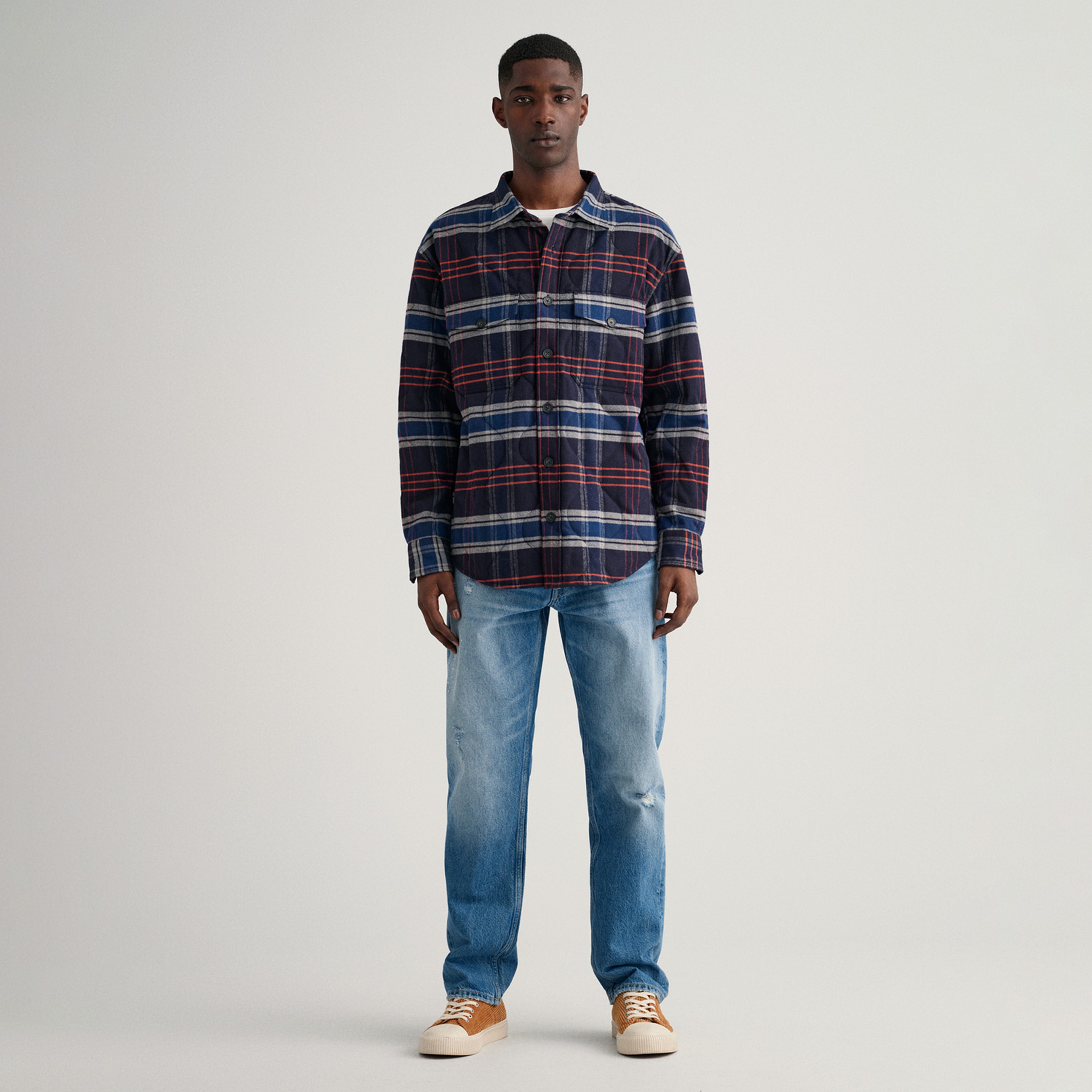 Gant Erkek Lacivert Oversize Fit Düğmeli Yaka Kareli Gömlek