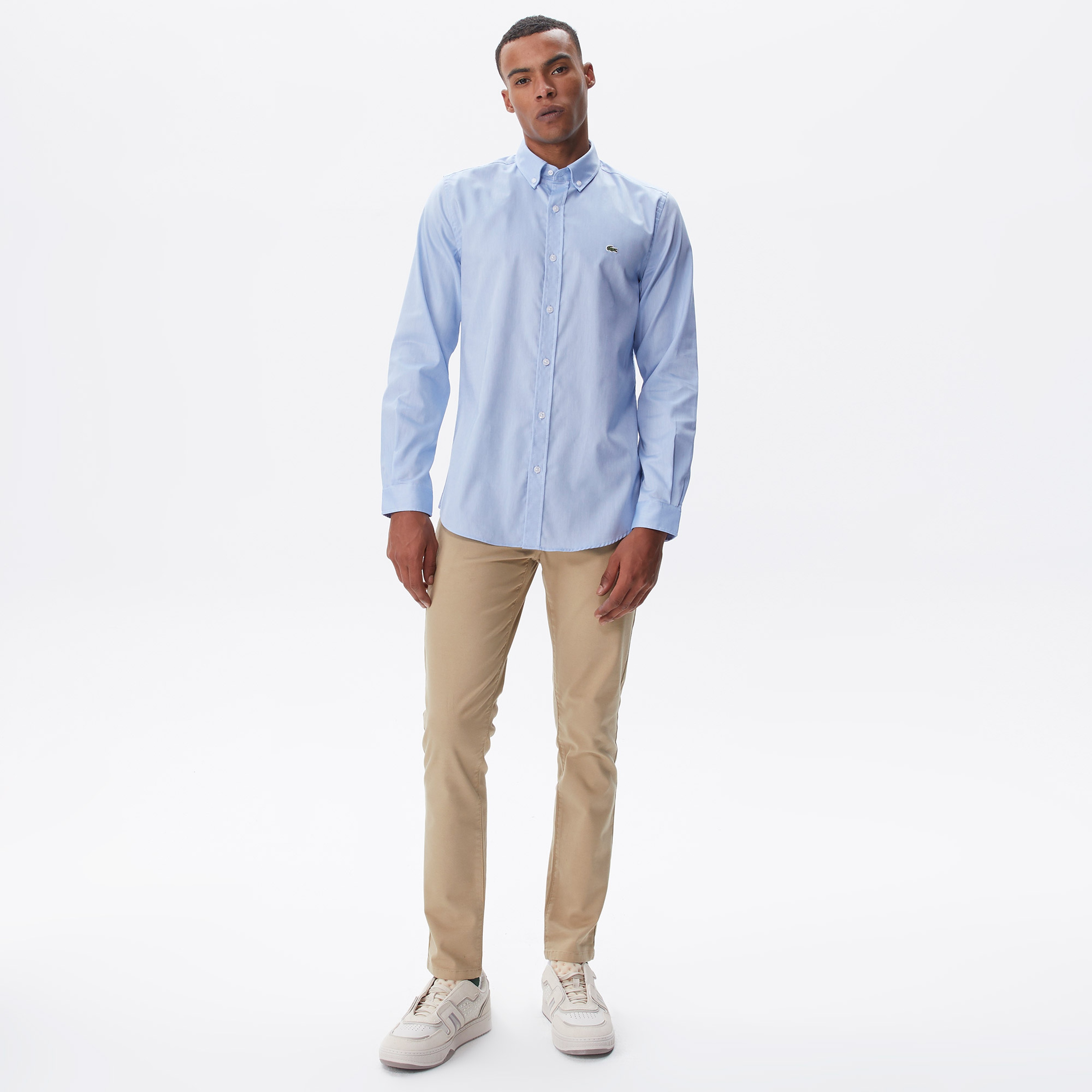 Erkek Slim Fit Düğmeli Yaka Mavi Gömlek