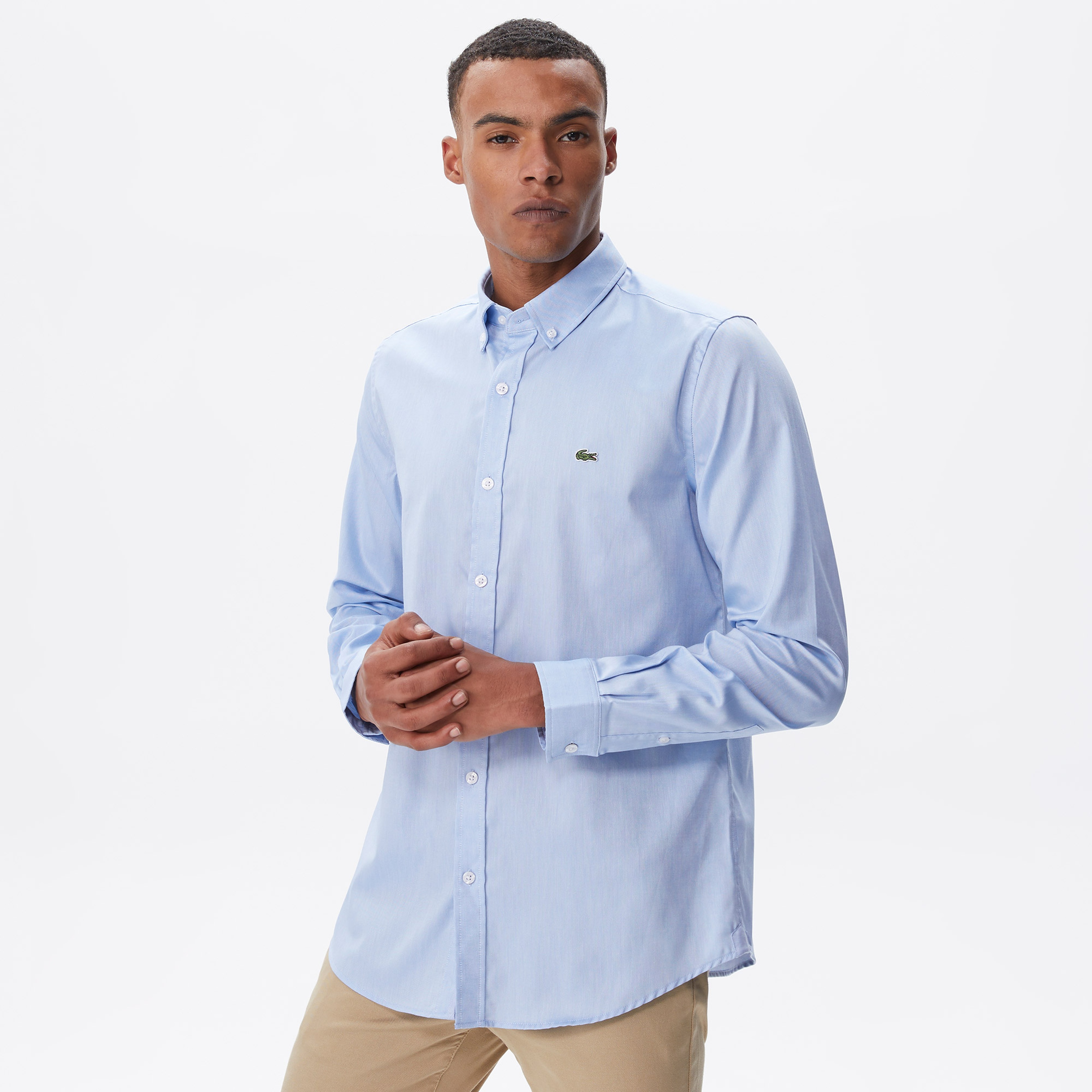 Erkek Slim Fit Düğmeli Yaka Mavi Gömlek