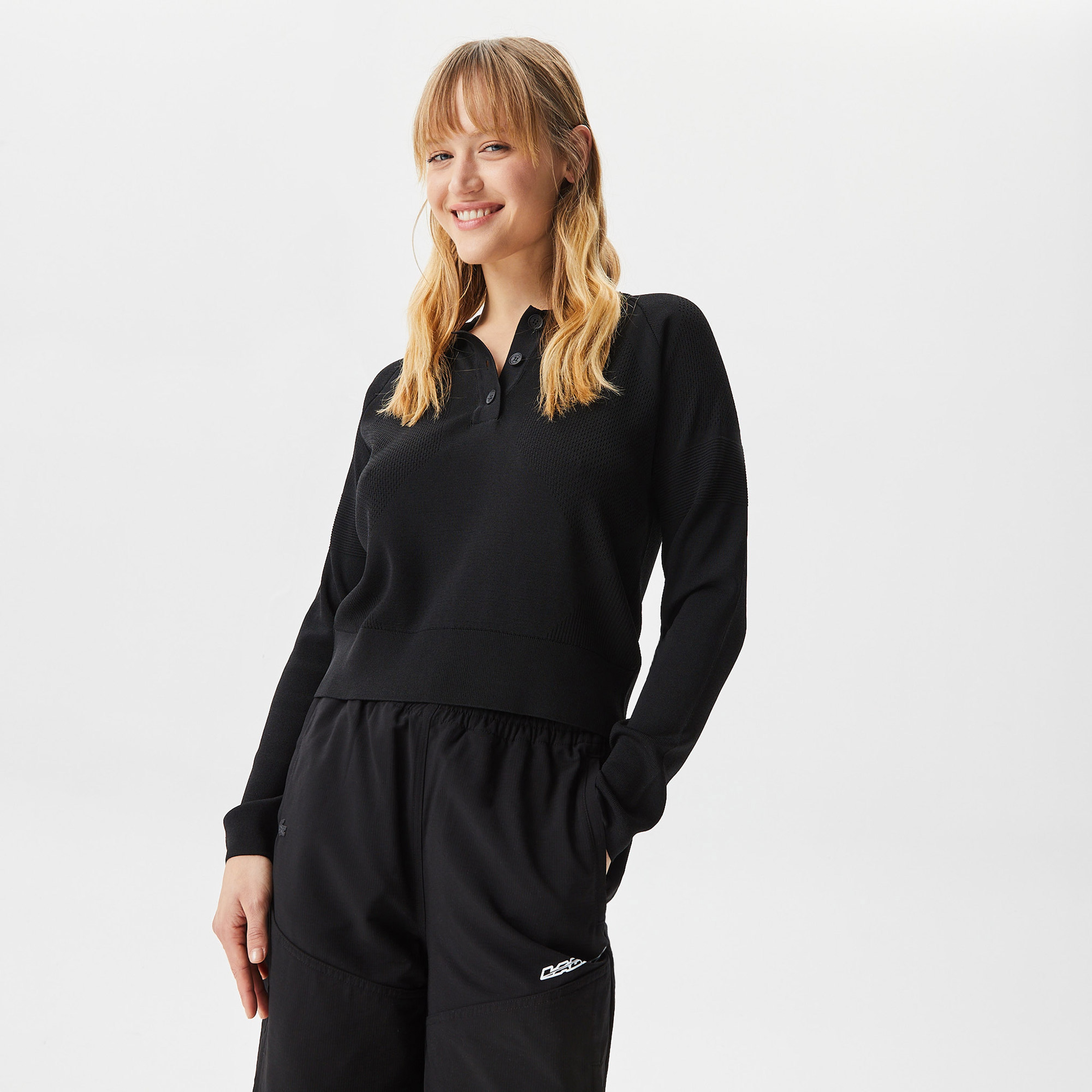 Kadın Slim Fit Polo Yaka Siyah Triko