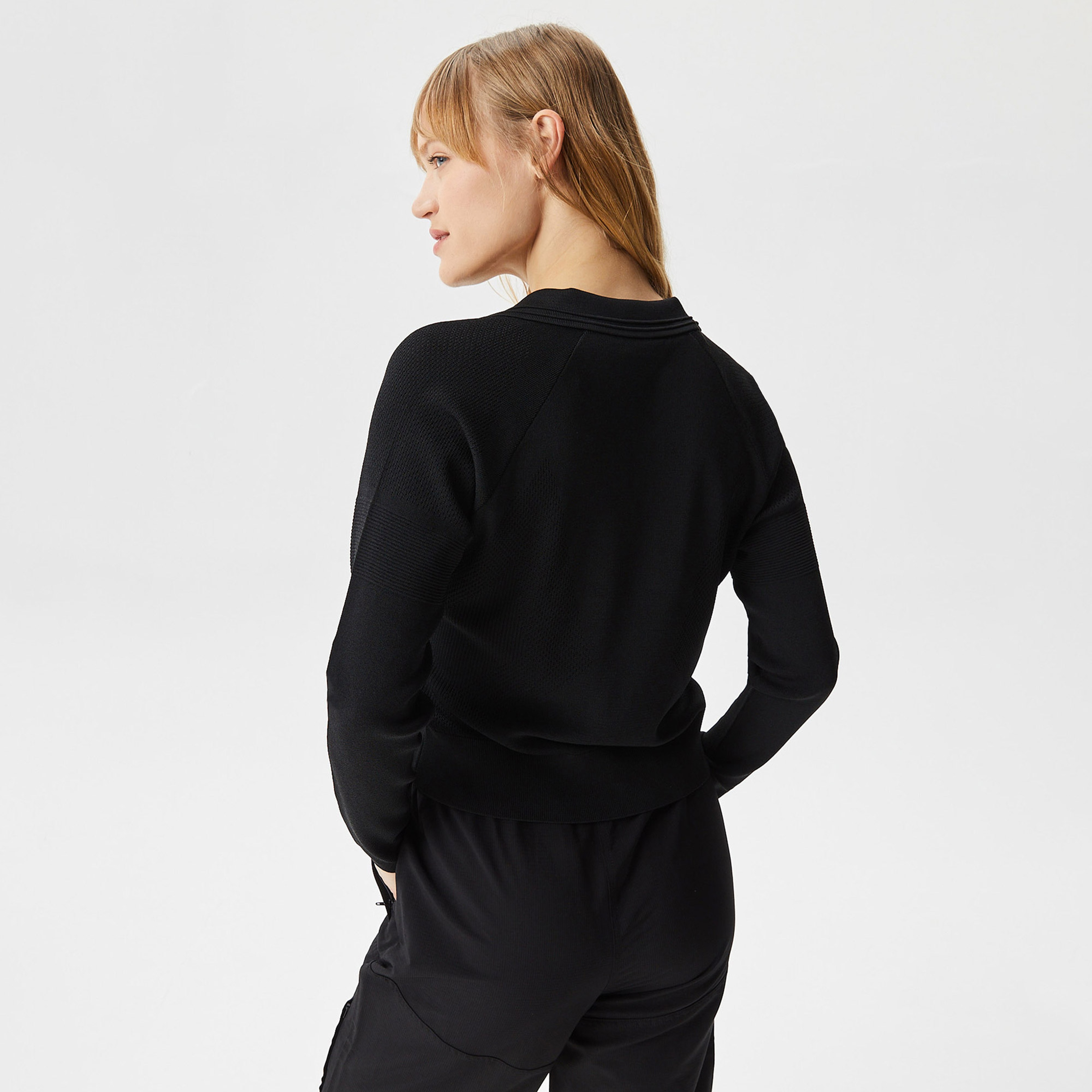 Kadın Slim Fit Polo Yaka Siyah Triko