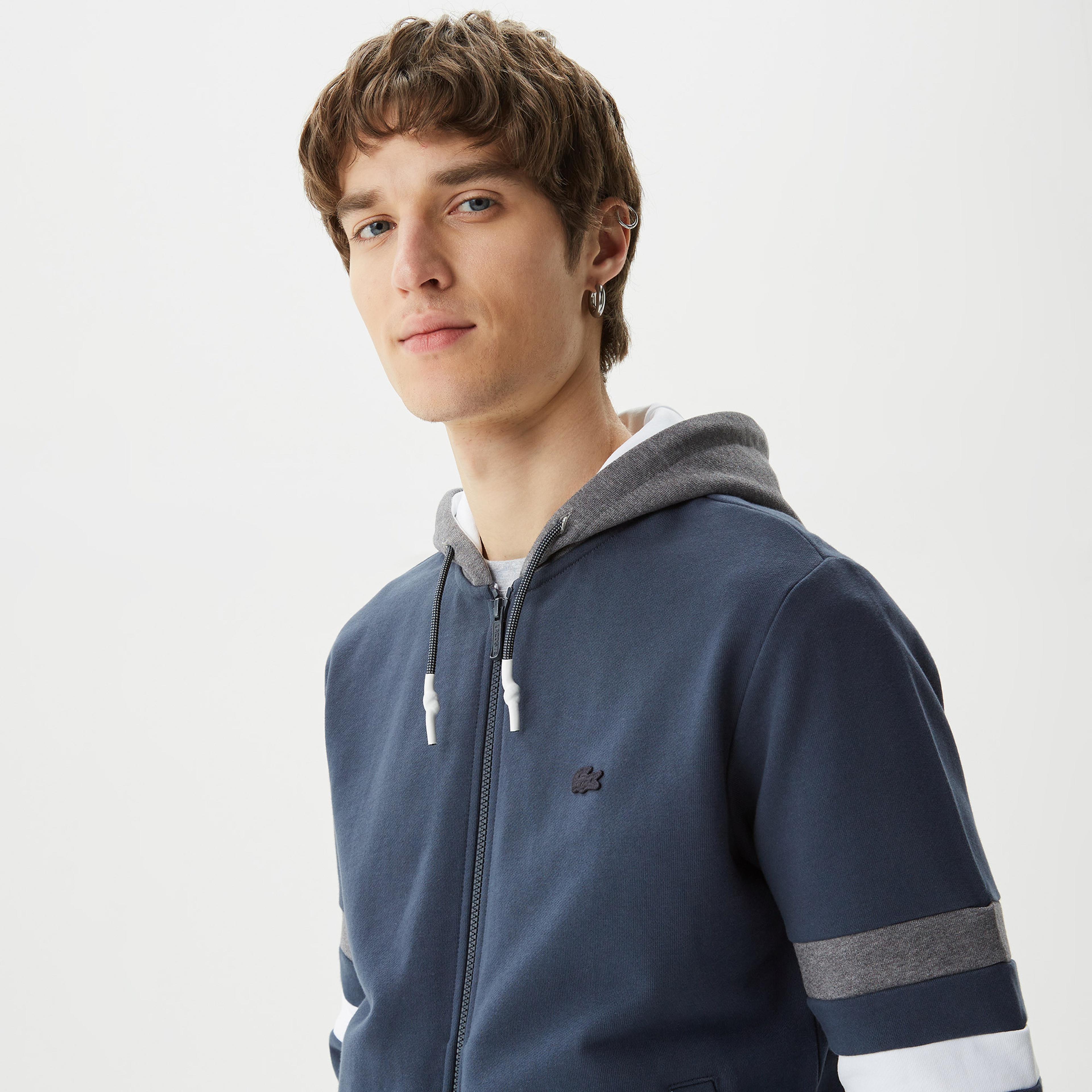 Erkek Regular Fit Kapüşonlu Renk Bloklu Lacivert Sweatshirt