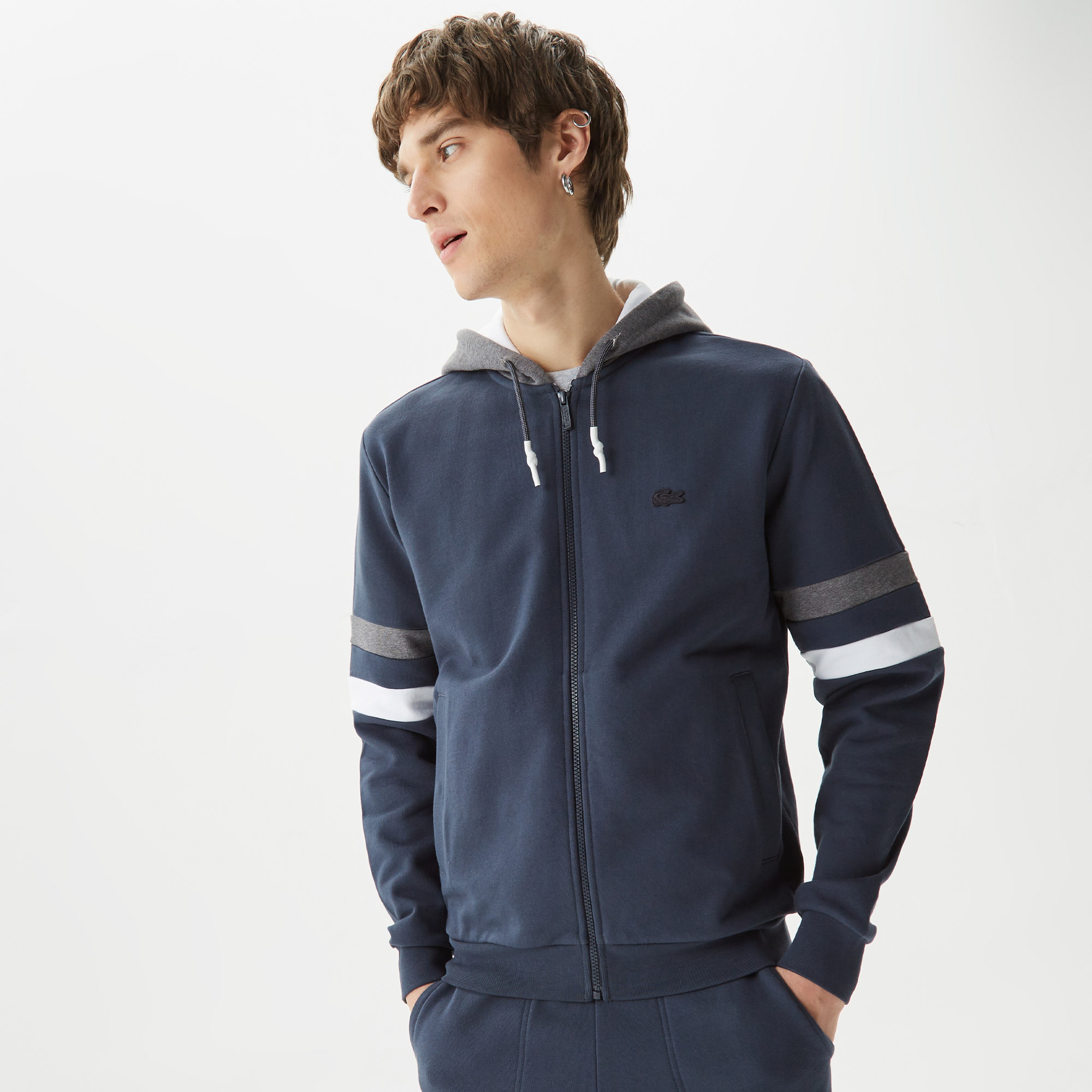 Erkek Regular Fit Kapüşonlu Renk Bloklu Lacivert Sweatshirt