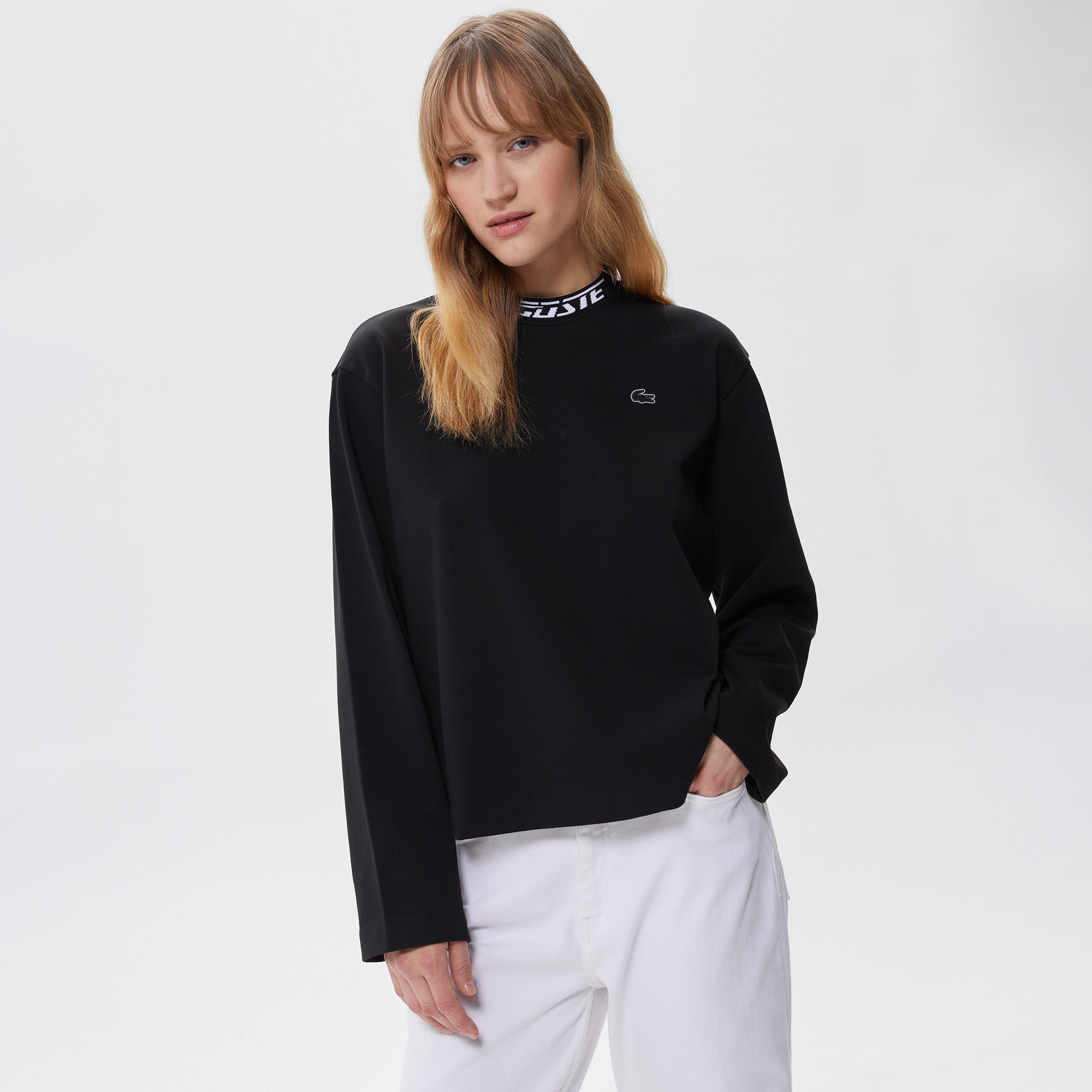 Kadın Oversize Uzun Kollu Baskılı Bisiklet Yaka Siyah T-Shirt