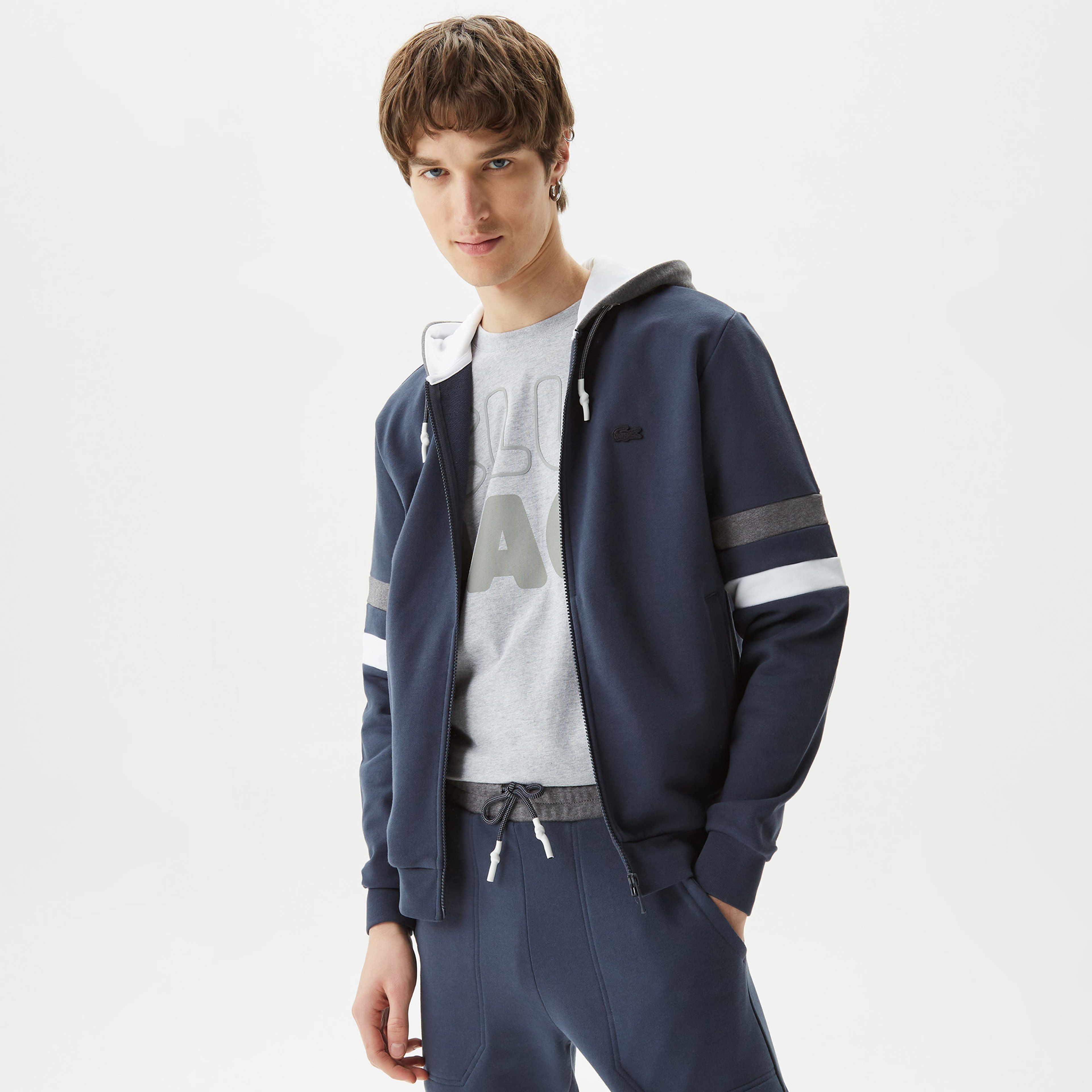 Erkek Regular Fit Kapüşonlu Renk Bloklu Lacivert Sweatshirt