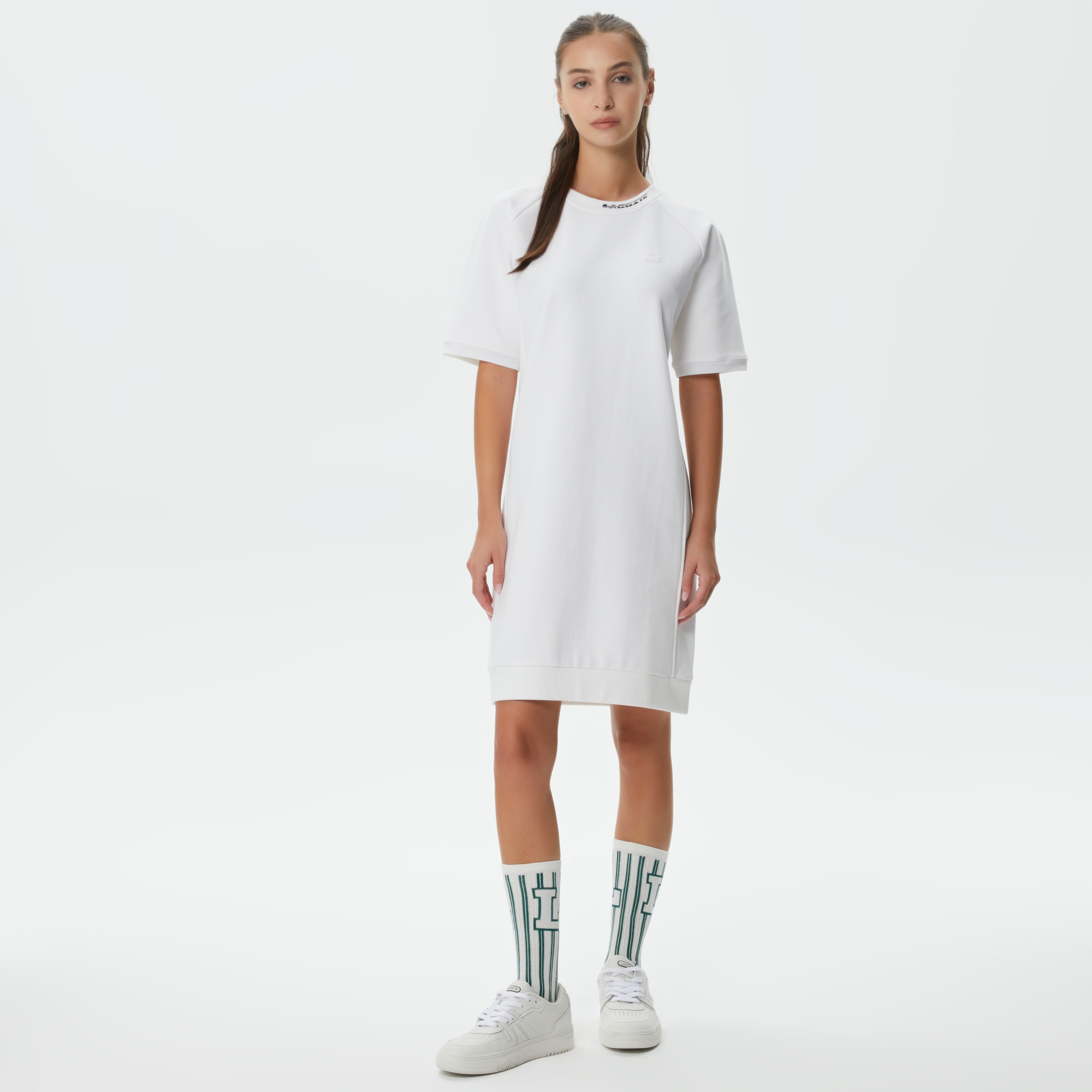 Kadın Kısa Kollu Bisiklet Yaka Beyaz Elbise