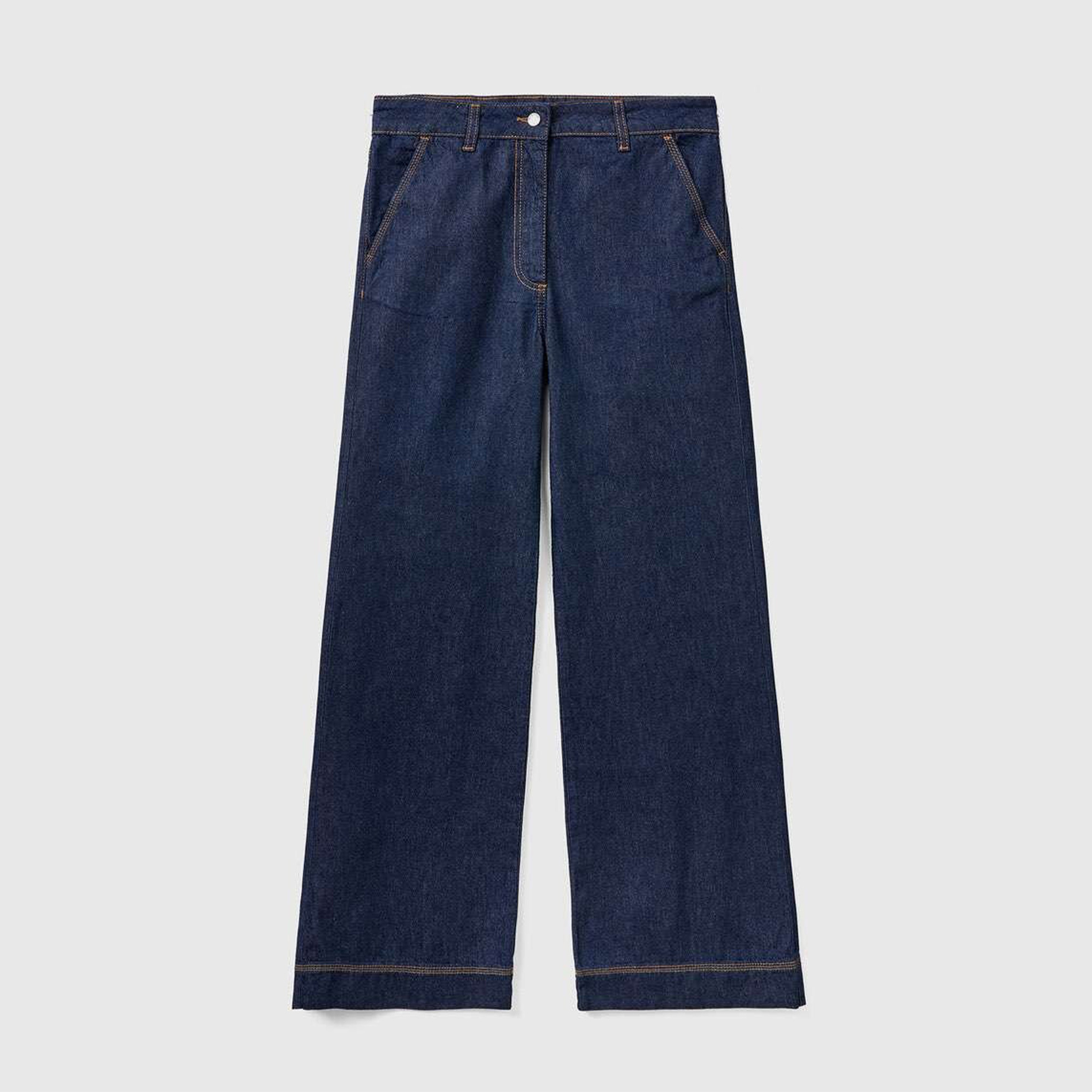 Benetton Bol Paça Denim Chino Kadın Lacivert Pantolon