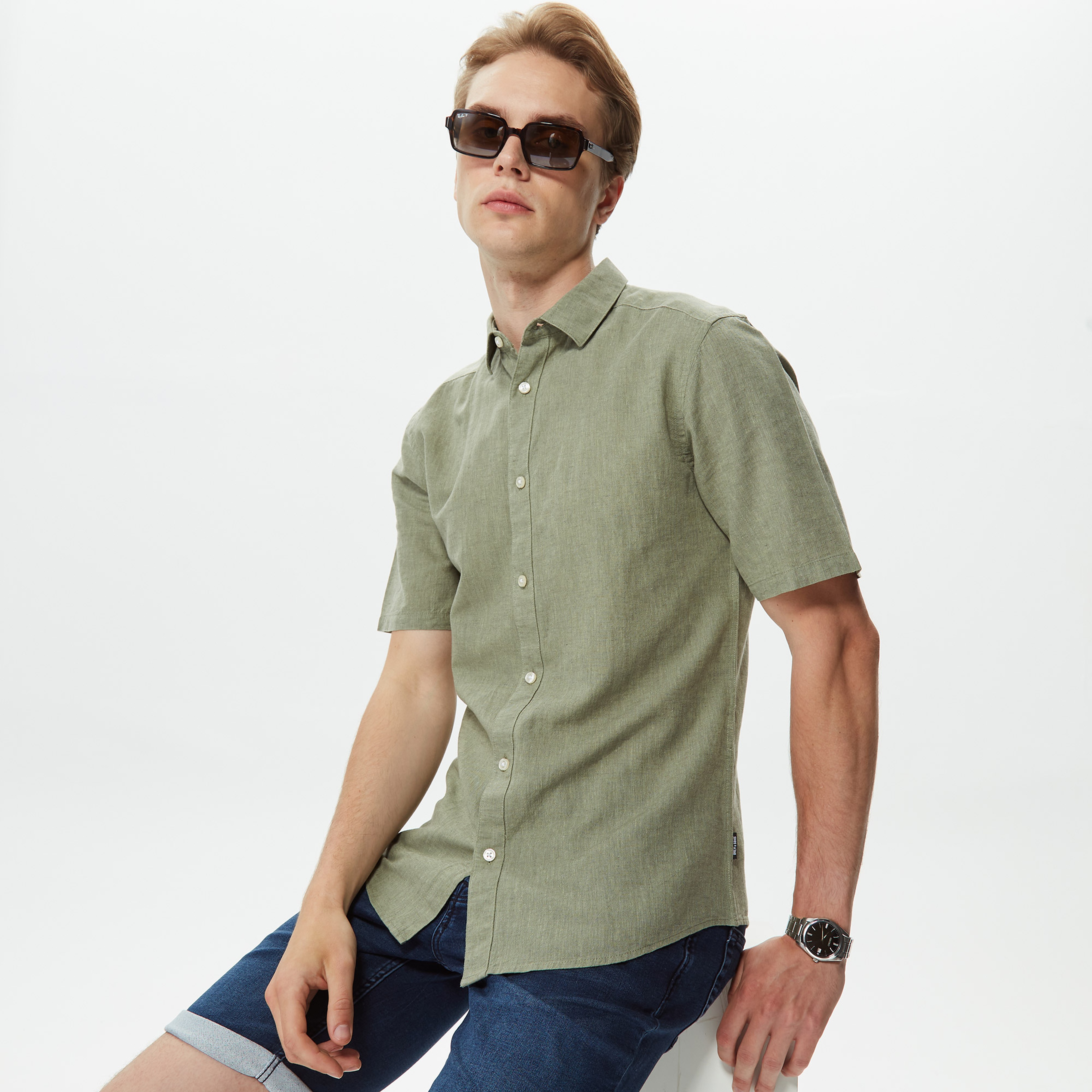ONLY&SONS Onscaiden Kısa Kollu Solid Linen Erkek Yeşil Gömlek