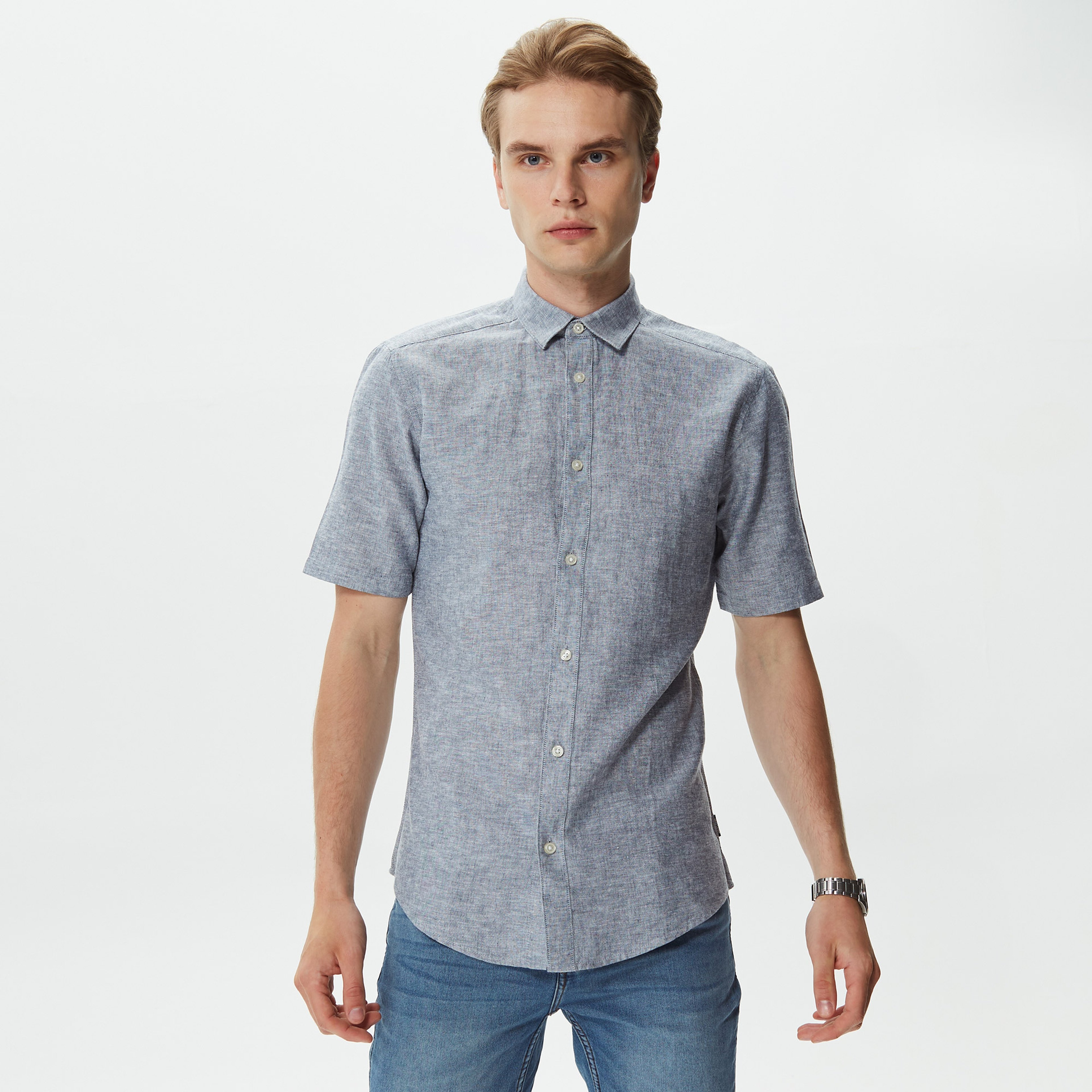 ONLY&SONS Onscaiden Kısa Kollu Solid Linen Erkek Lacivert Gömlek