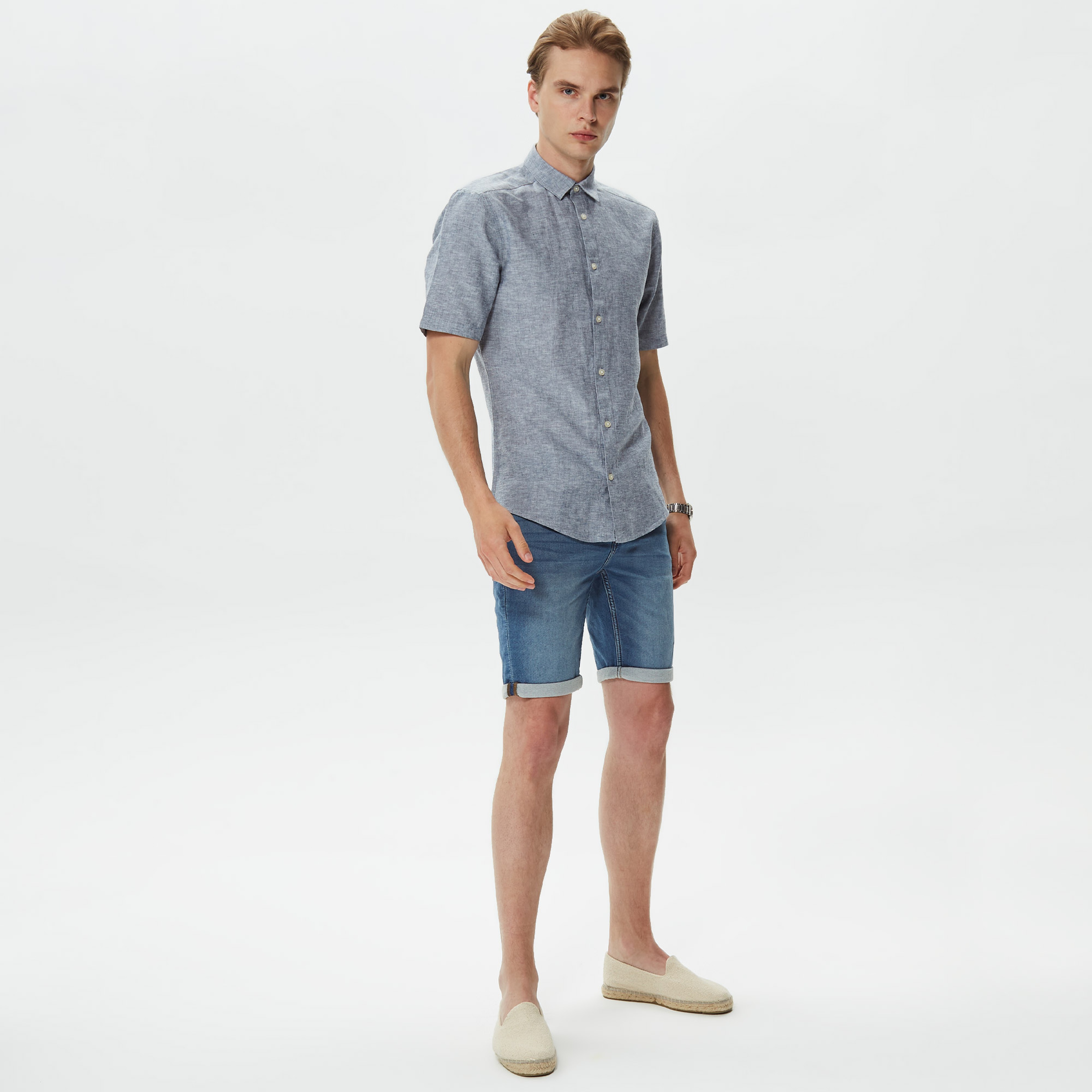 ONLY&SONS Onscaiden Kısa Kollu Solid Linen Erkek Lacivert Gömlek