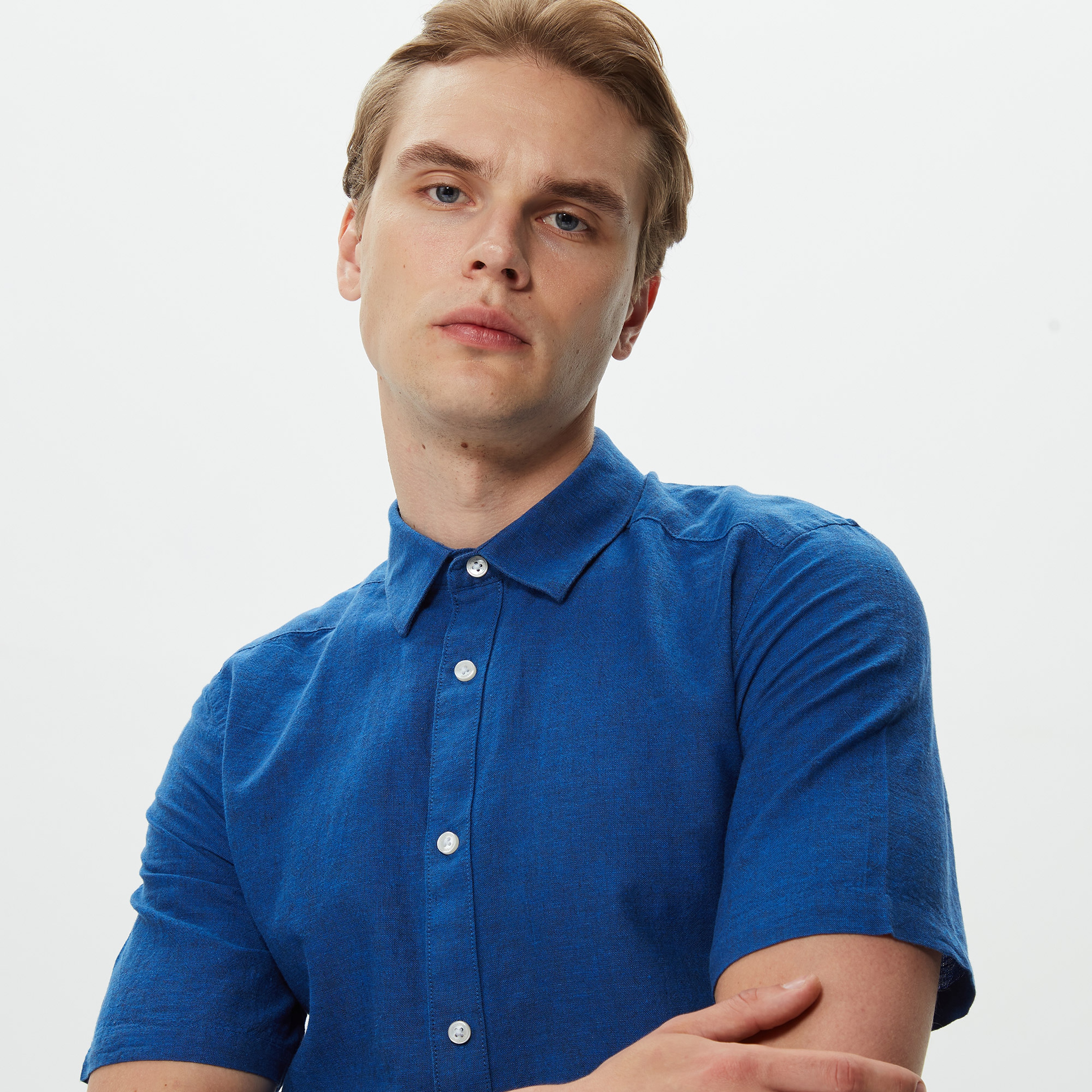 ONLY&SONS Onscaiden Kısa Kollu Solid Linen Erkek Mavi Gömlek