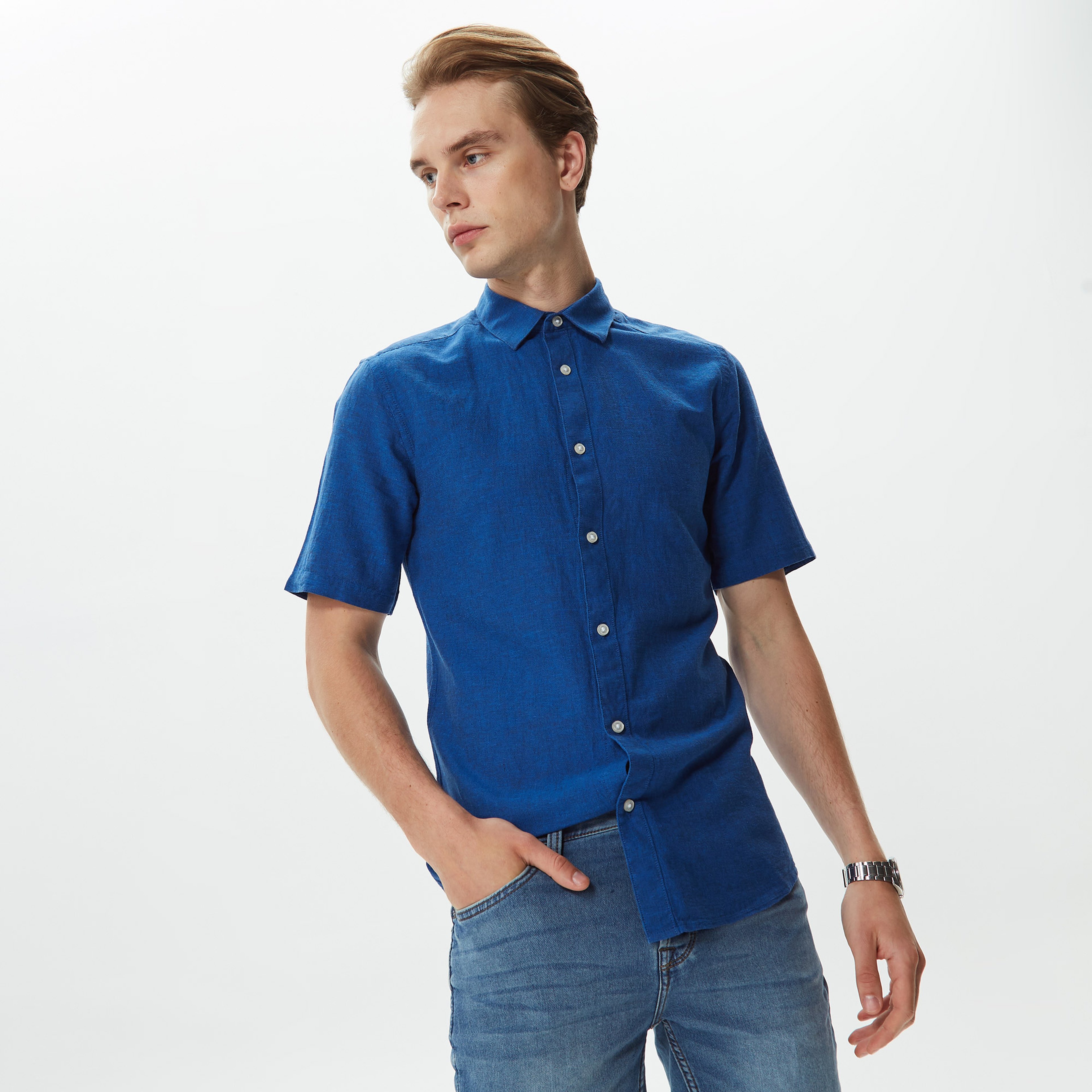 ONLY&SONS Onscaiden Kısa Kollu Solid Linen Erkek Mavi Gömlek