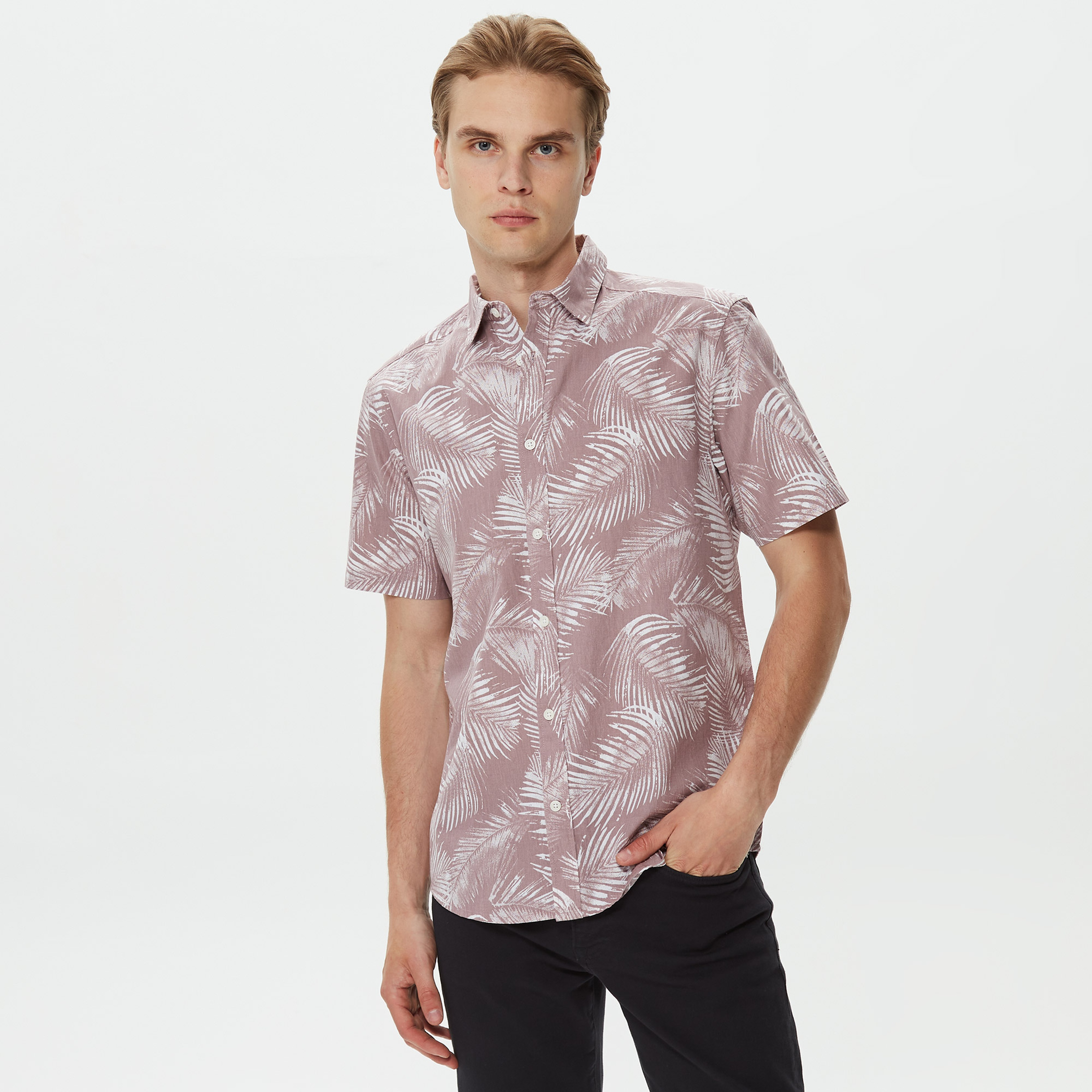 Only Regular Fit Collar Kısa Kollu Erkek Mor Gömlek