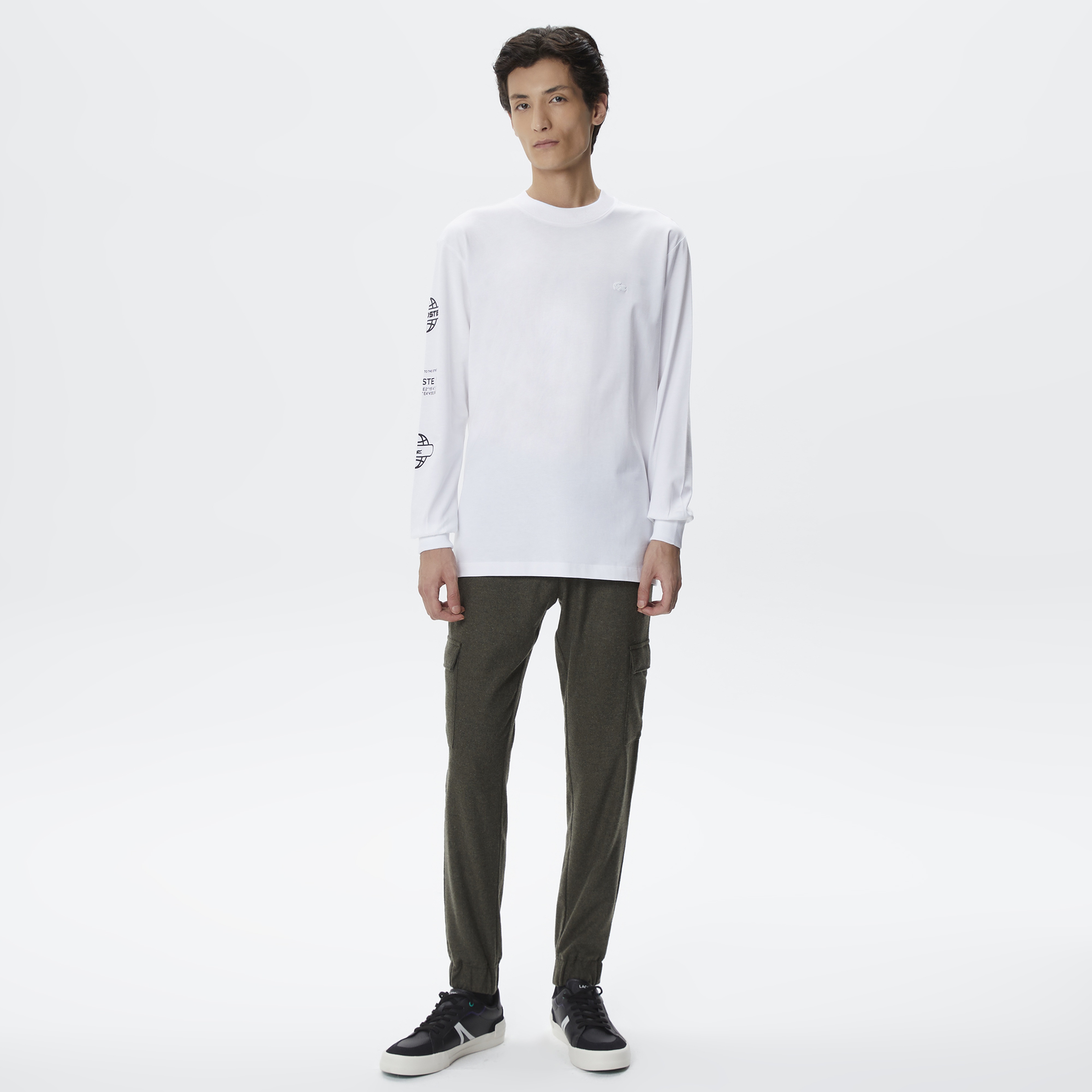 Erkek Relaxed Fit Uzun Kollu Bisiklet Yaka Baskılı Beyaz T-Shirt