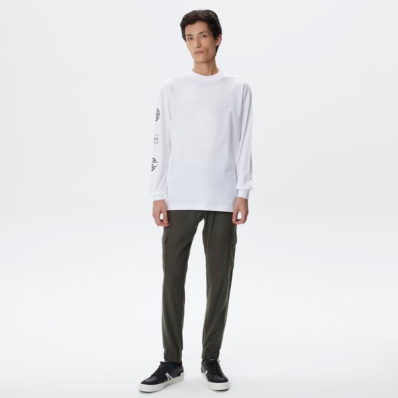 Erkek Relaxed Fit Uzun Kollu Bisiklet Yaka Baskılı Beyaz T-Shirt