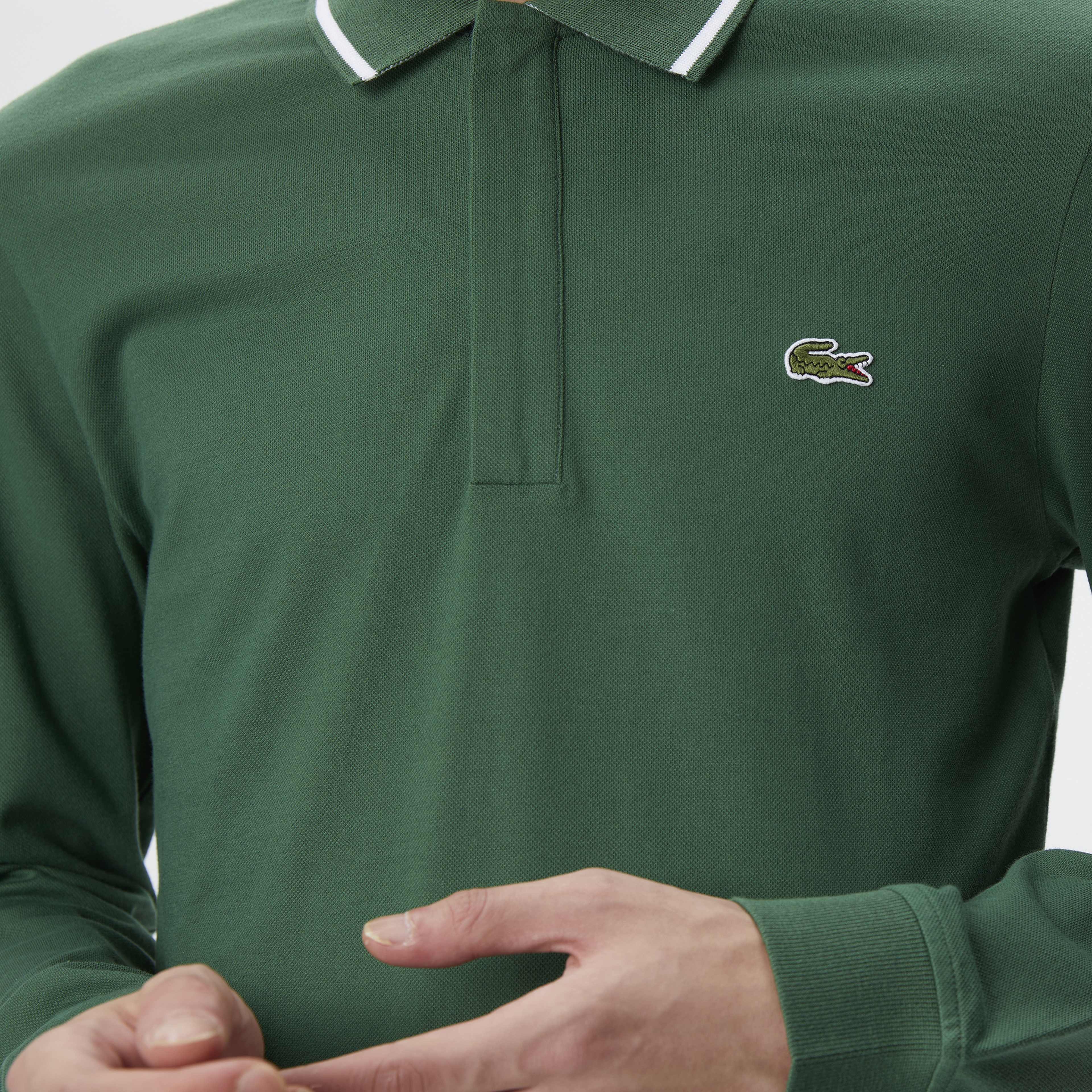 Erkek Slim Fit Uzun Kollu Koyu Yeşil Polo