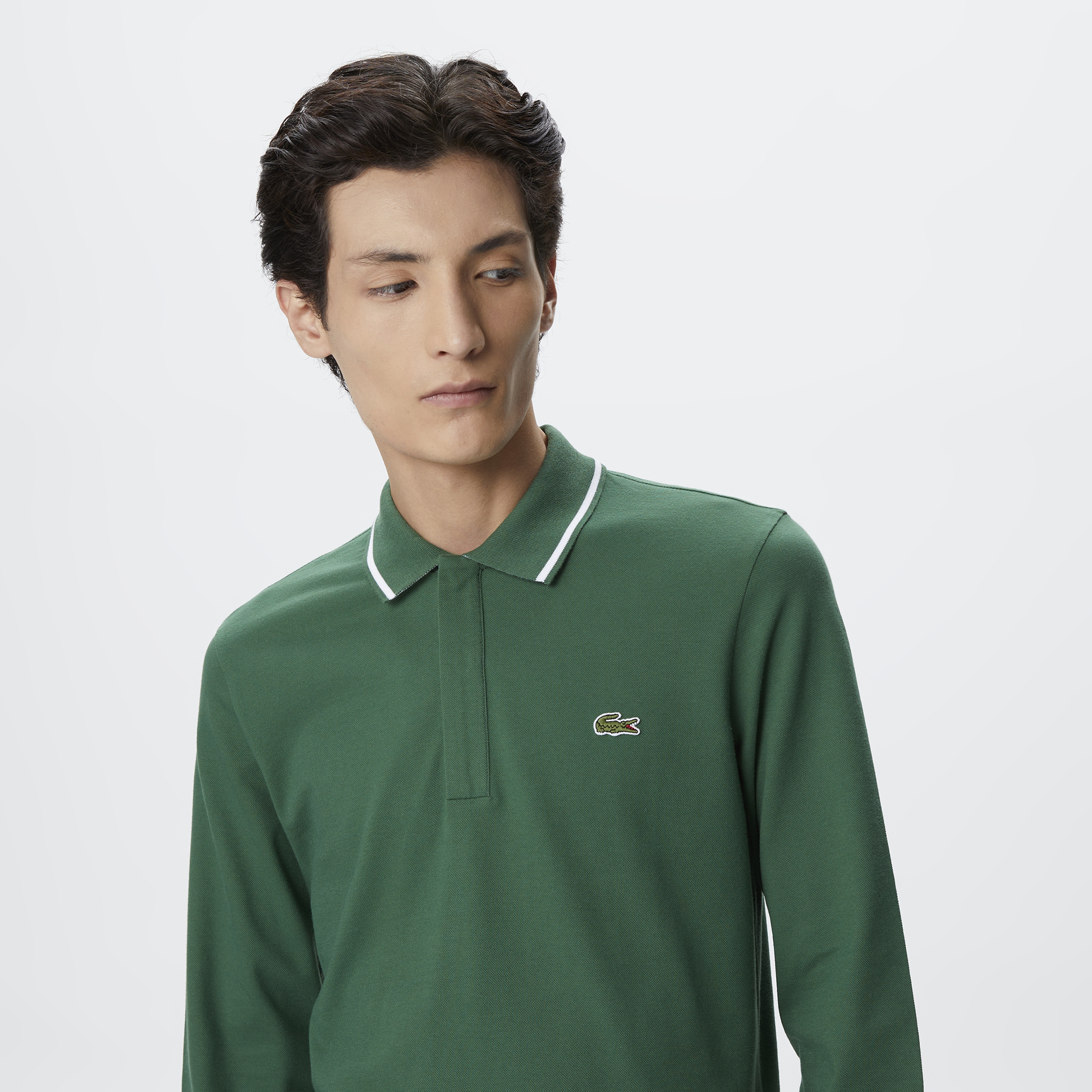 Erkek Slim Fit Uzun Kollu Koyu Yeşil Polo