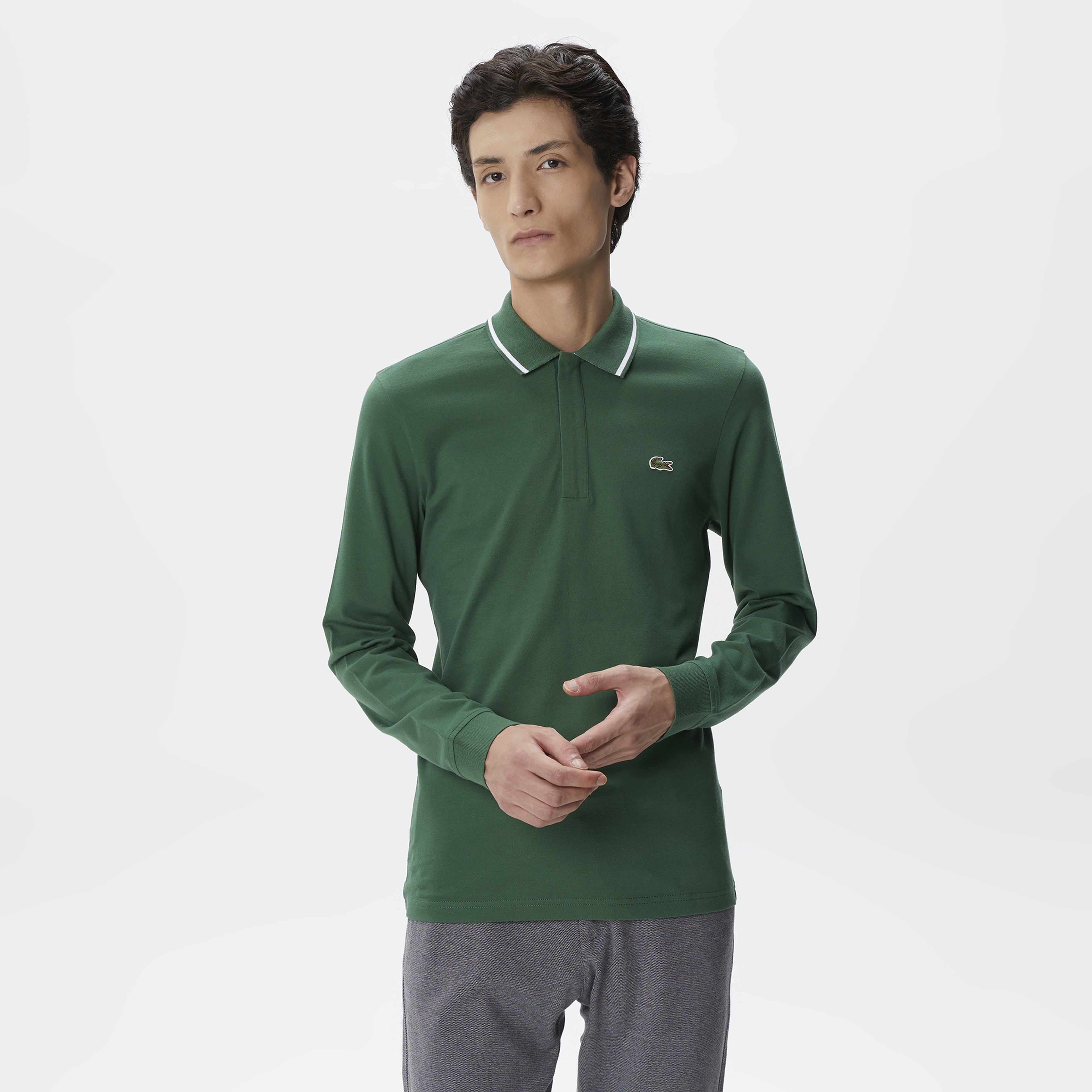 Erkek Slim Fit Uzun Kollu Koyu Yeşil Polo