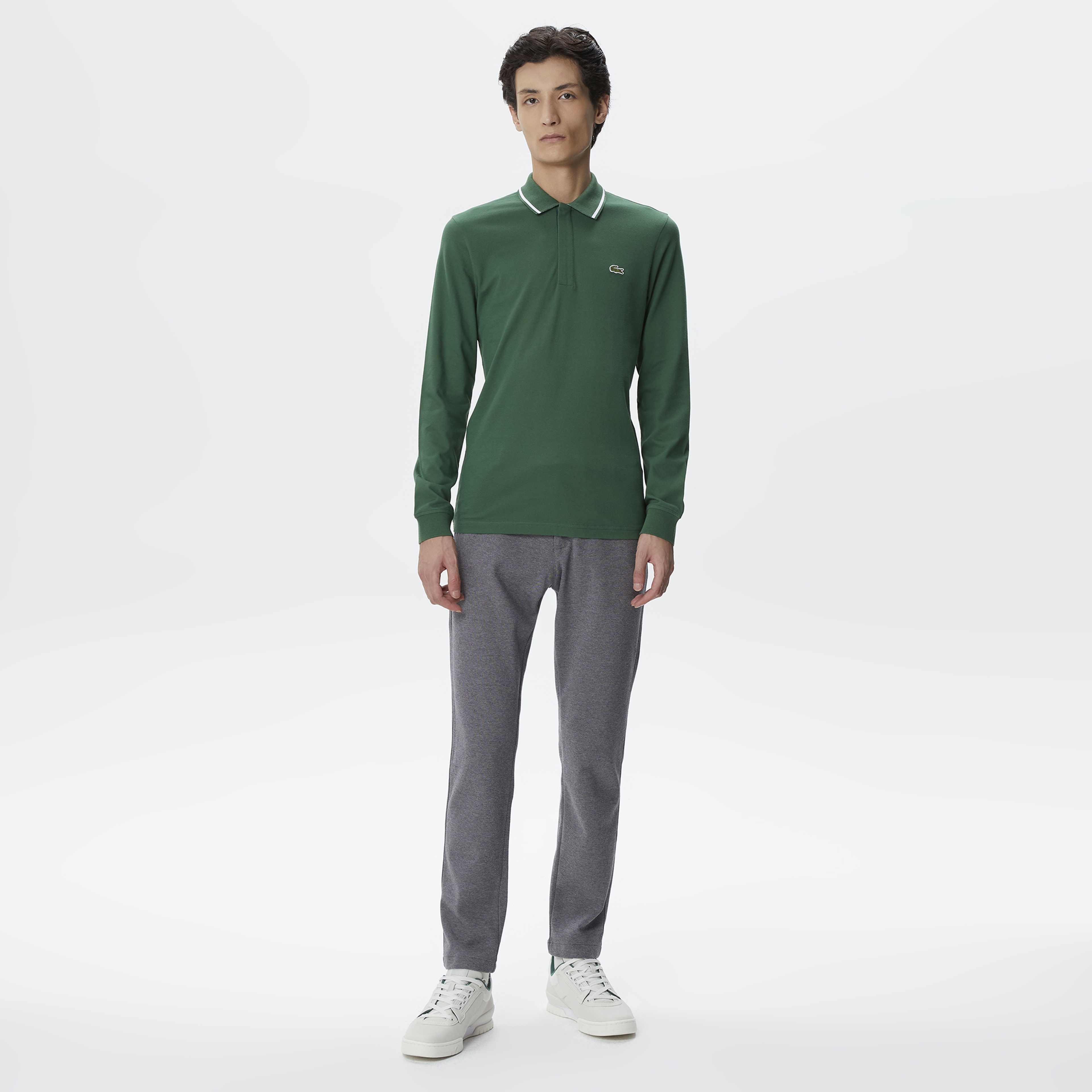 Erkek Slim Fit Uzun Kollu Koyu Yeşil Polo