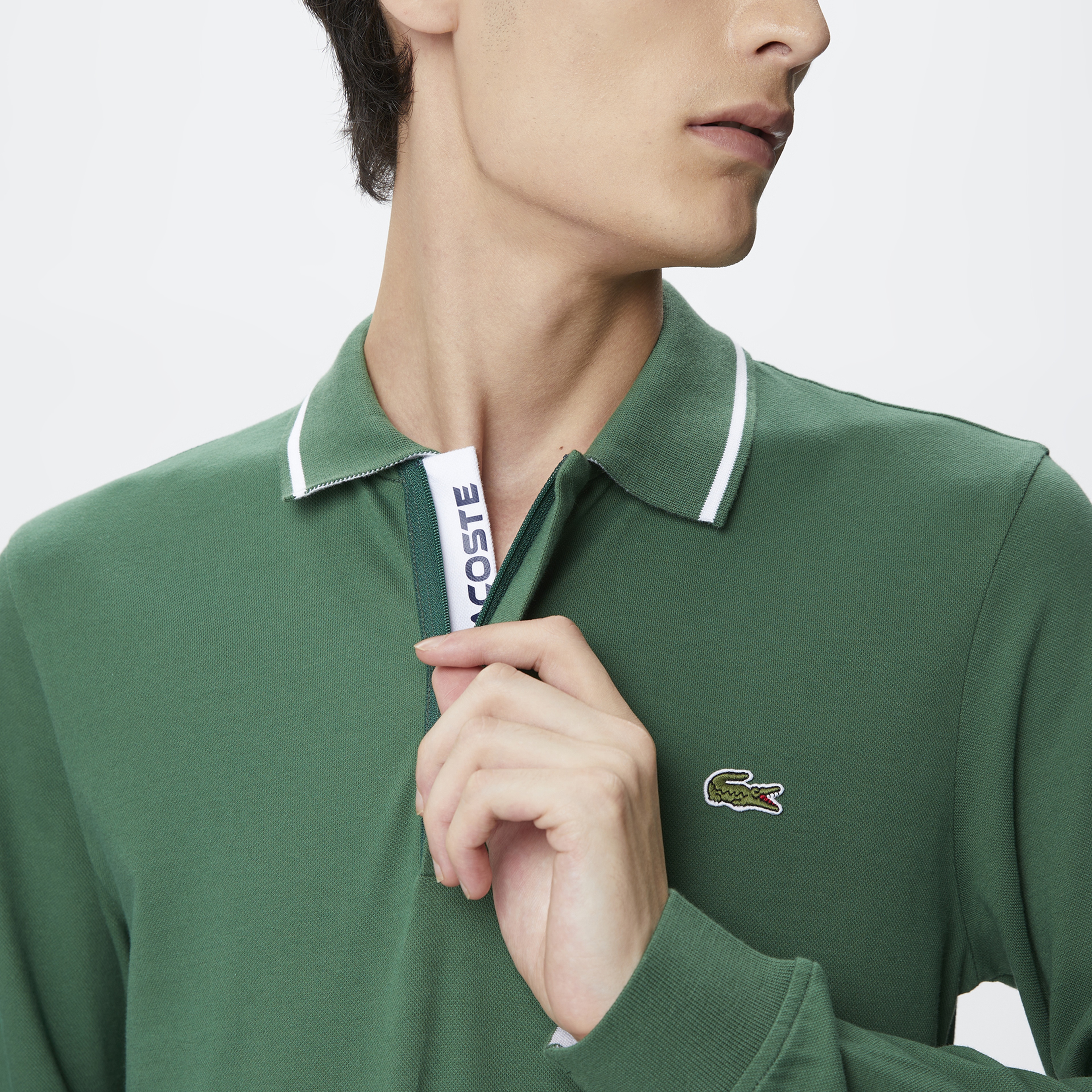 Erkek Slim Fit Uzun Kollu Koyu Yeşil Polo