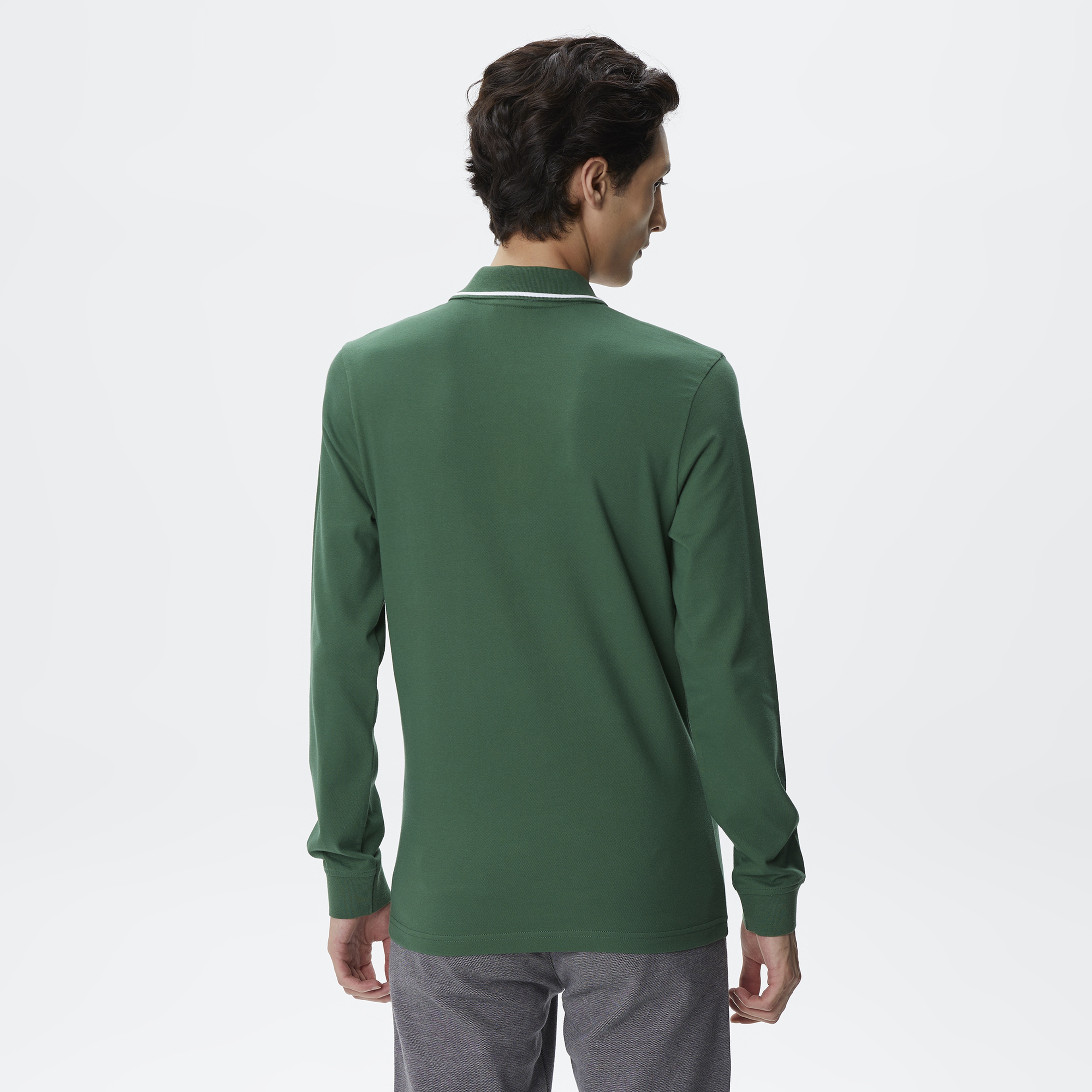Erkek Slim Fit Uzun Kollu Koyu Yeşil Polo