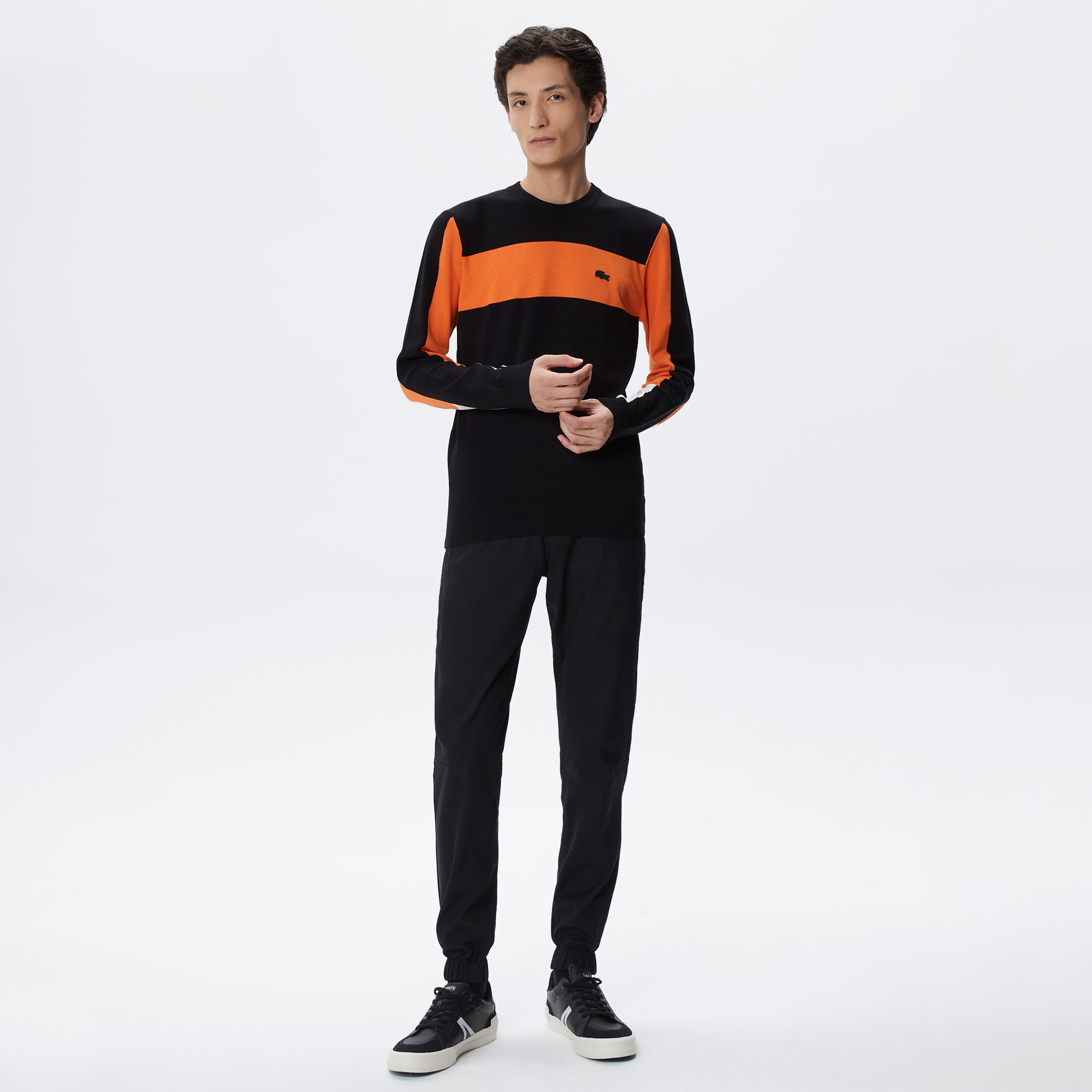 Erkek Regular Fit Uzun Kollu Bisiklet Yaka Renk Bloklu Siyah Triko