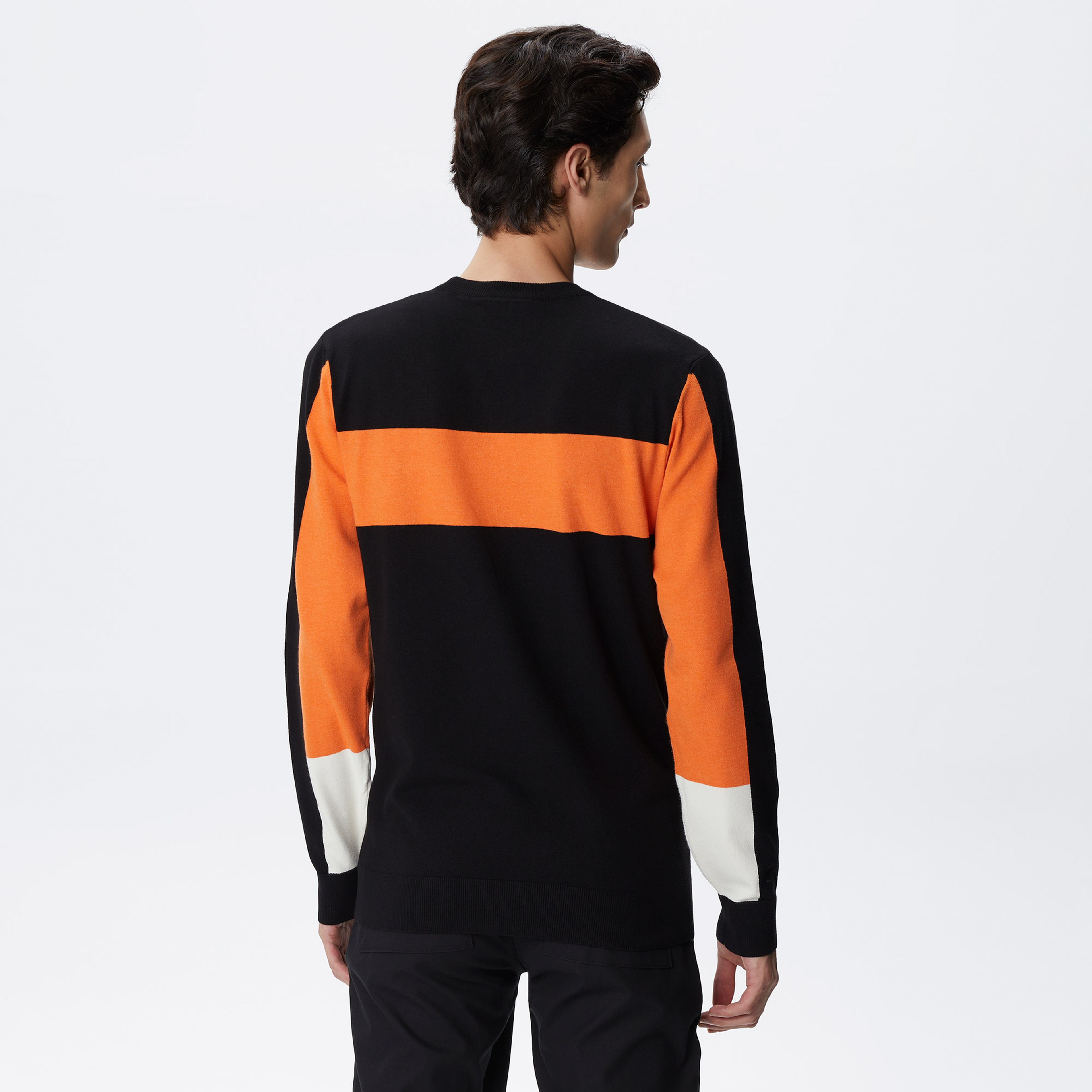 Erkek Regular Fit Uzun Kollu Bisiklet Yaka Renk Bloklu Siyah Triko