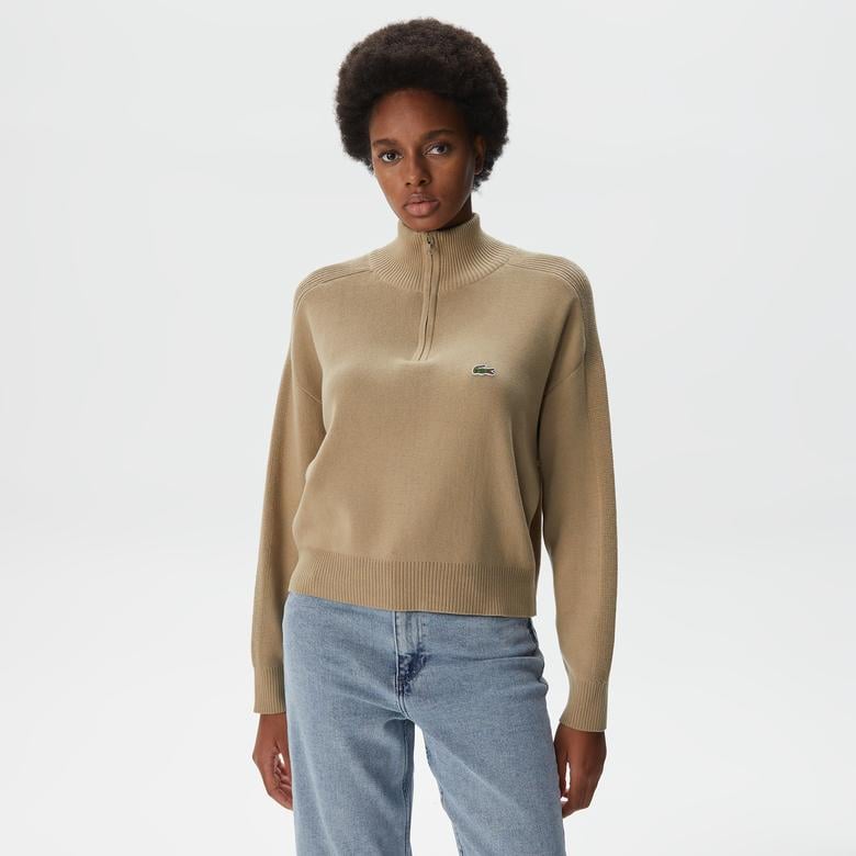 Kadın Relaxed Fit Yarım Fermuarlı Krem Triko