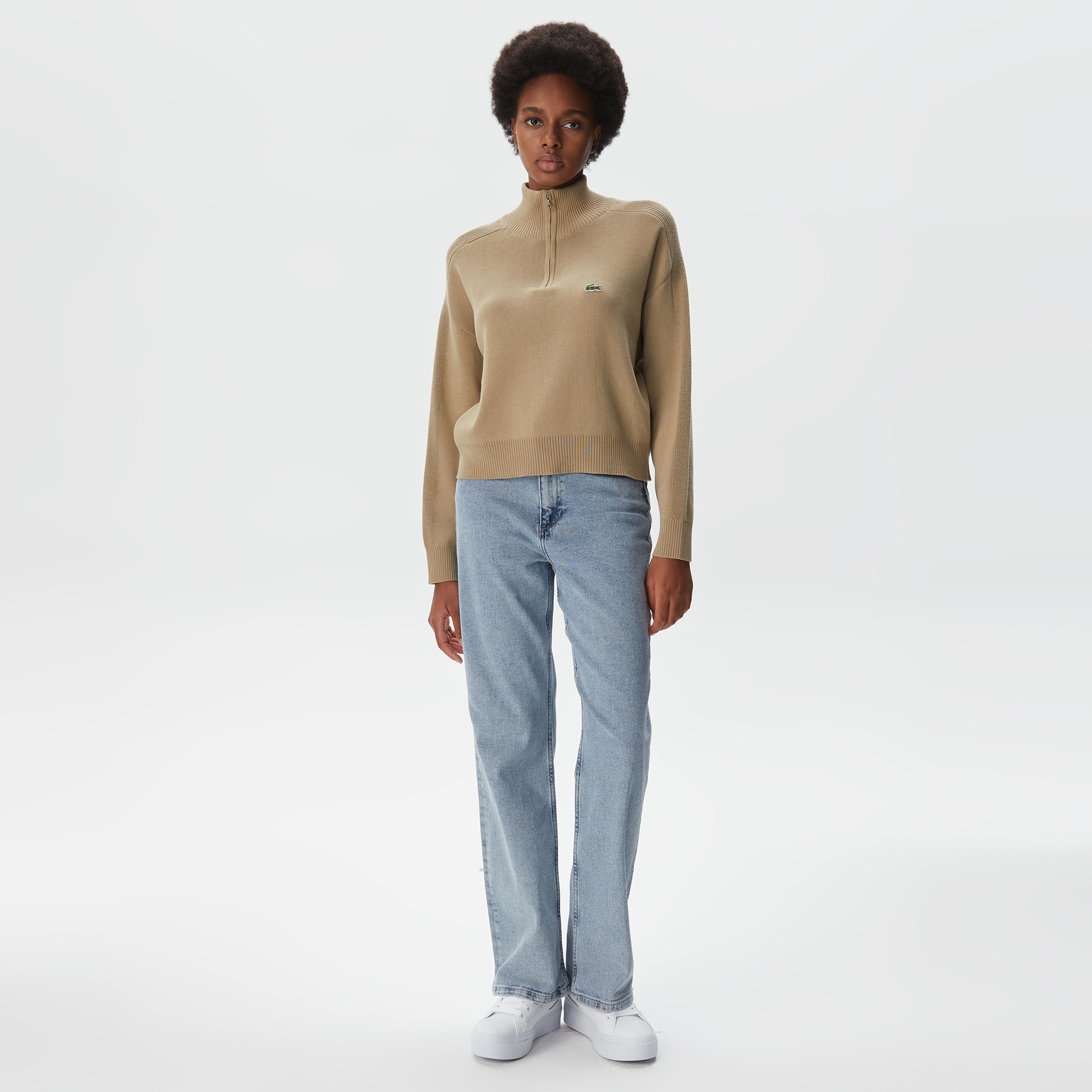 Kadın Relaxed Fit Yarım Fermuarlı Krem Triko