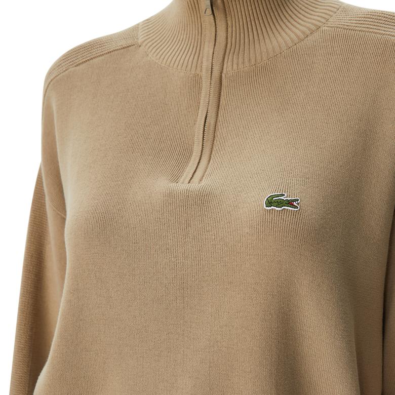 Kadın Relaxed Fit Yarım Fermuarlı Krem Triko