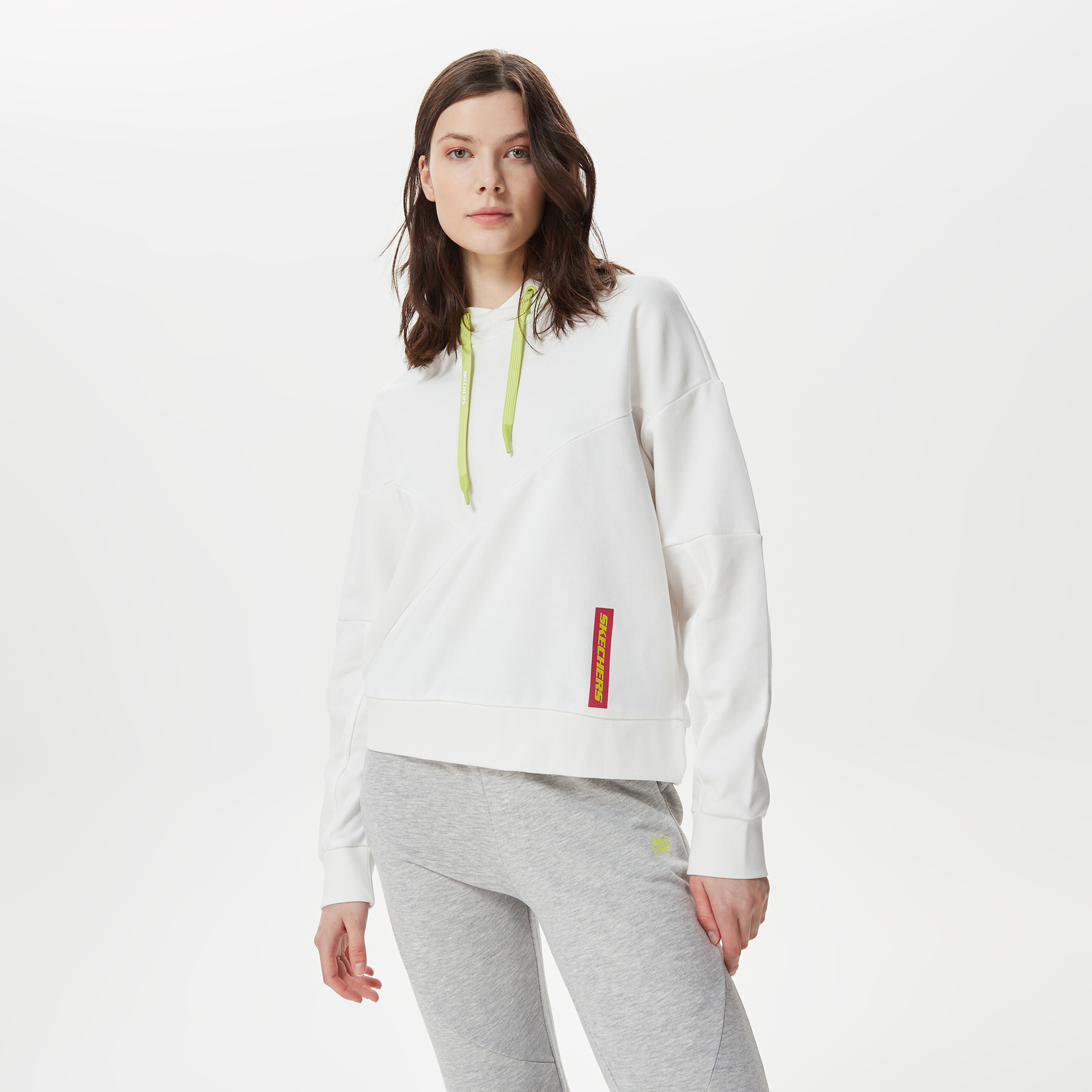 Skechers LW Fleece Fabric Block Kadın Beyaz Hoodie