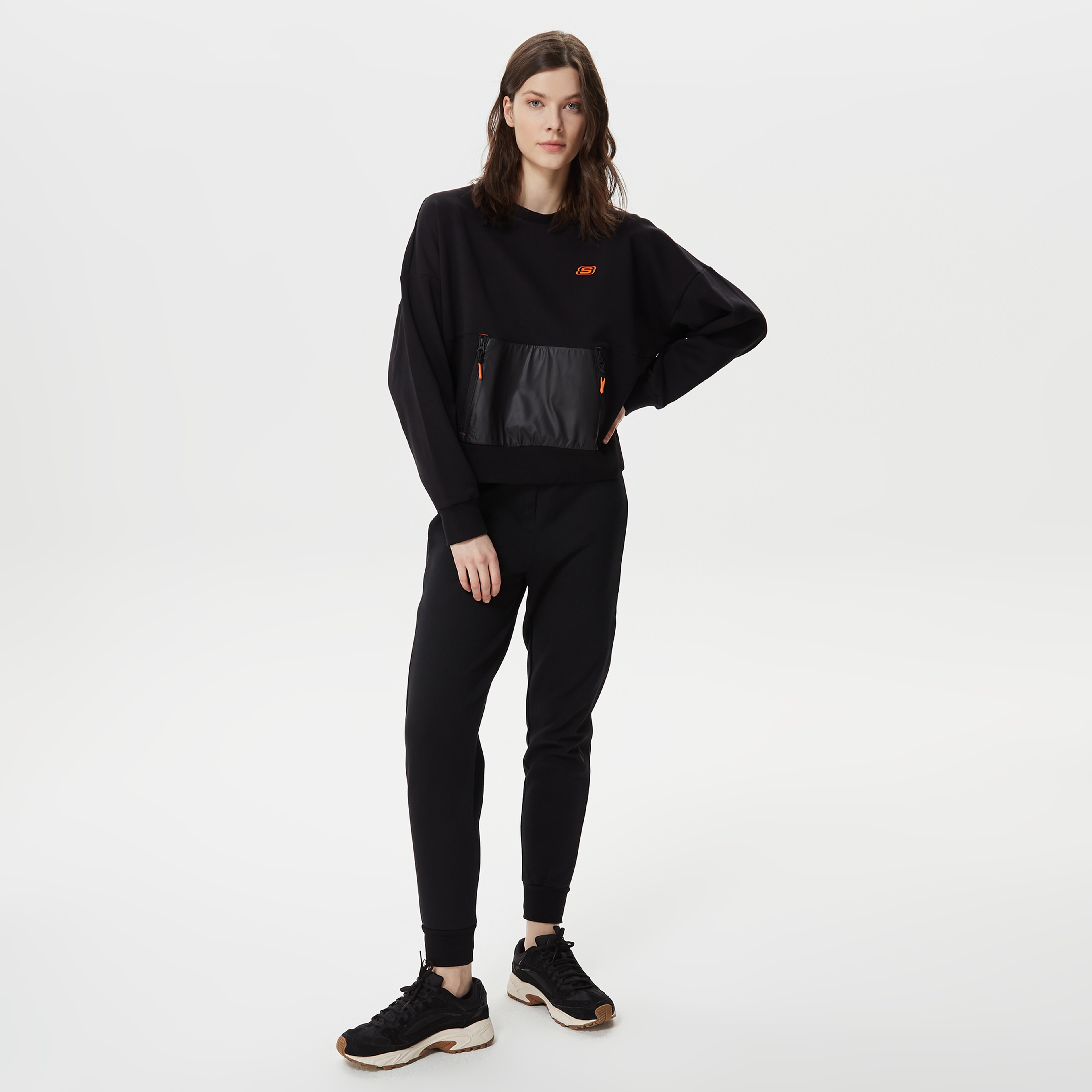 Skechers Fleece Fabric Block Crew Neck Kadın Siyah Sweatshirt