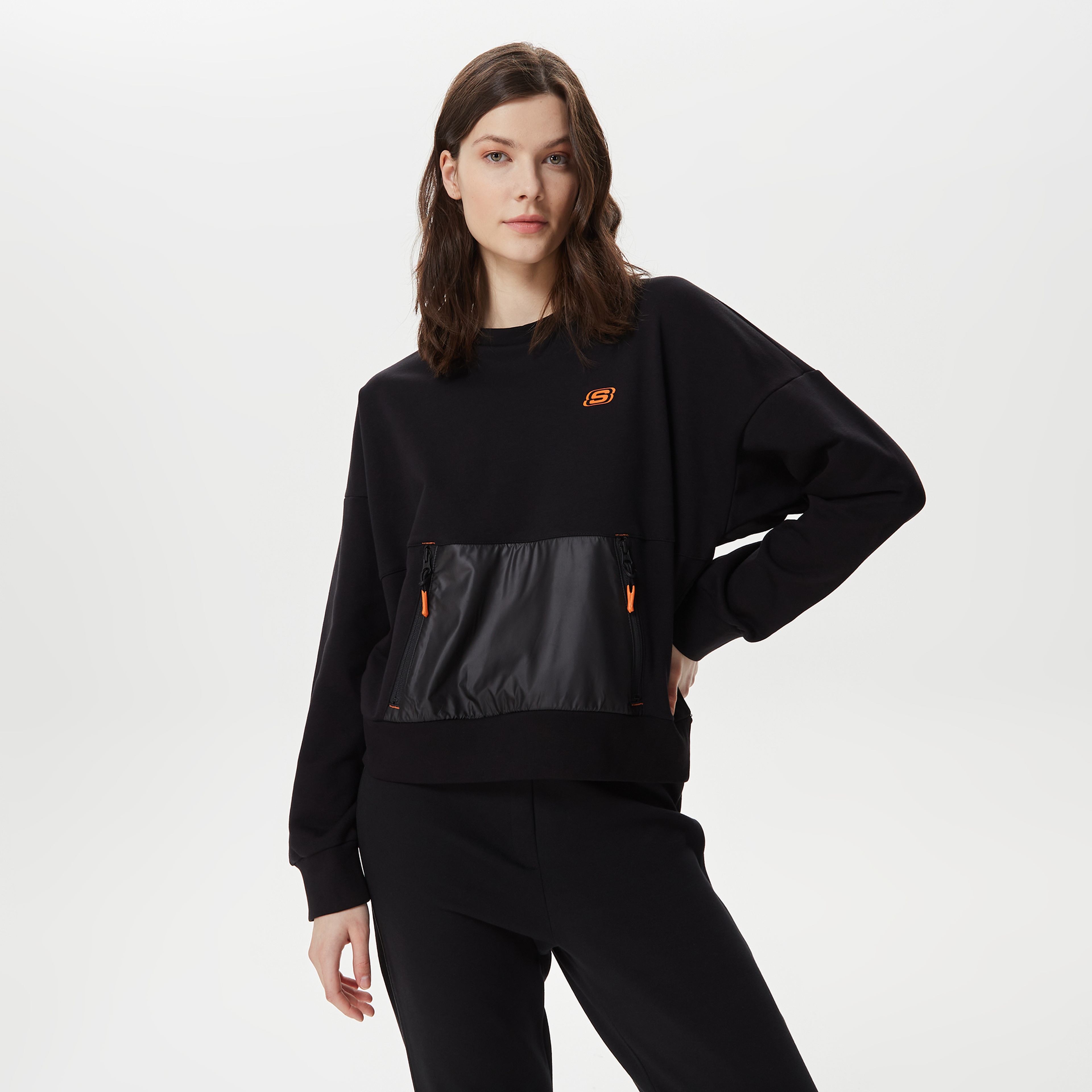 Skechers Fleece Fabric Block Crew Neck Kadın Siyah Sweatshirt