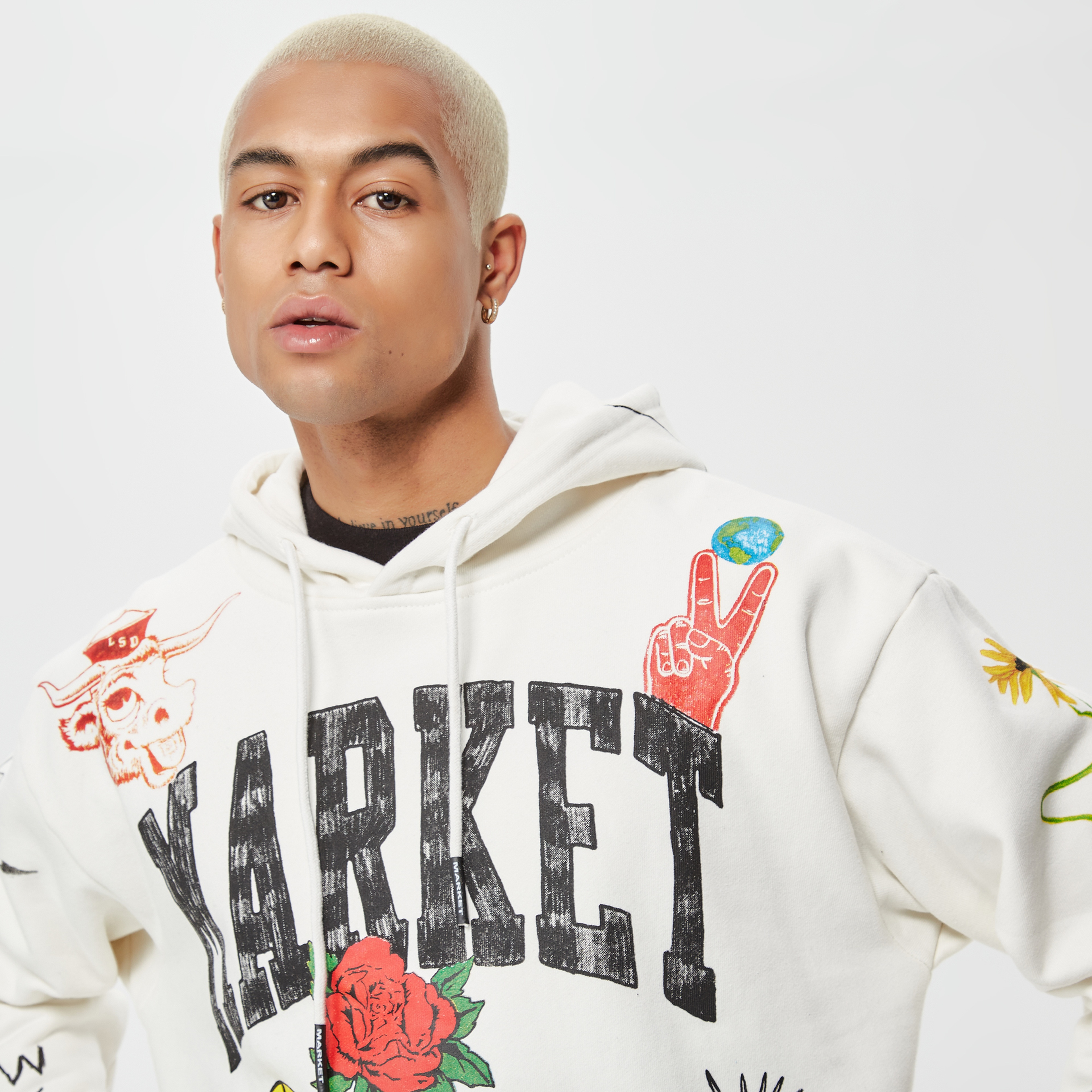 Market Varsity Hand-Drawn Erkek Krem Hoodie