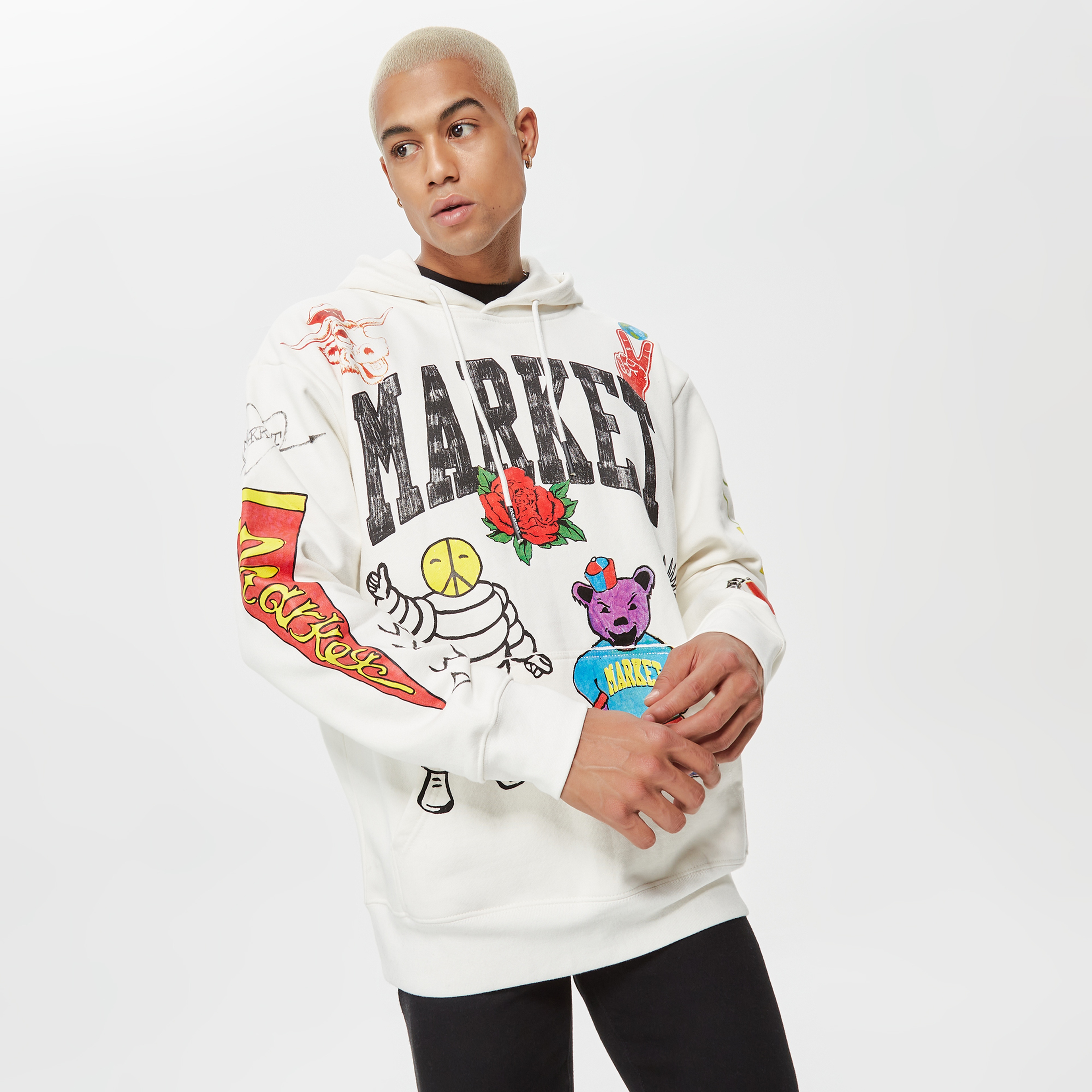 Market Varsity Hand-Drawn Erkek Krem Hoodie