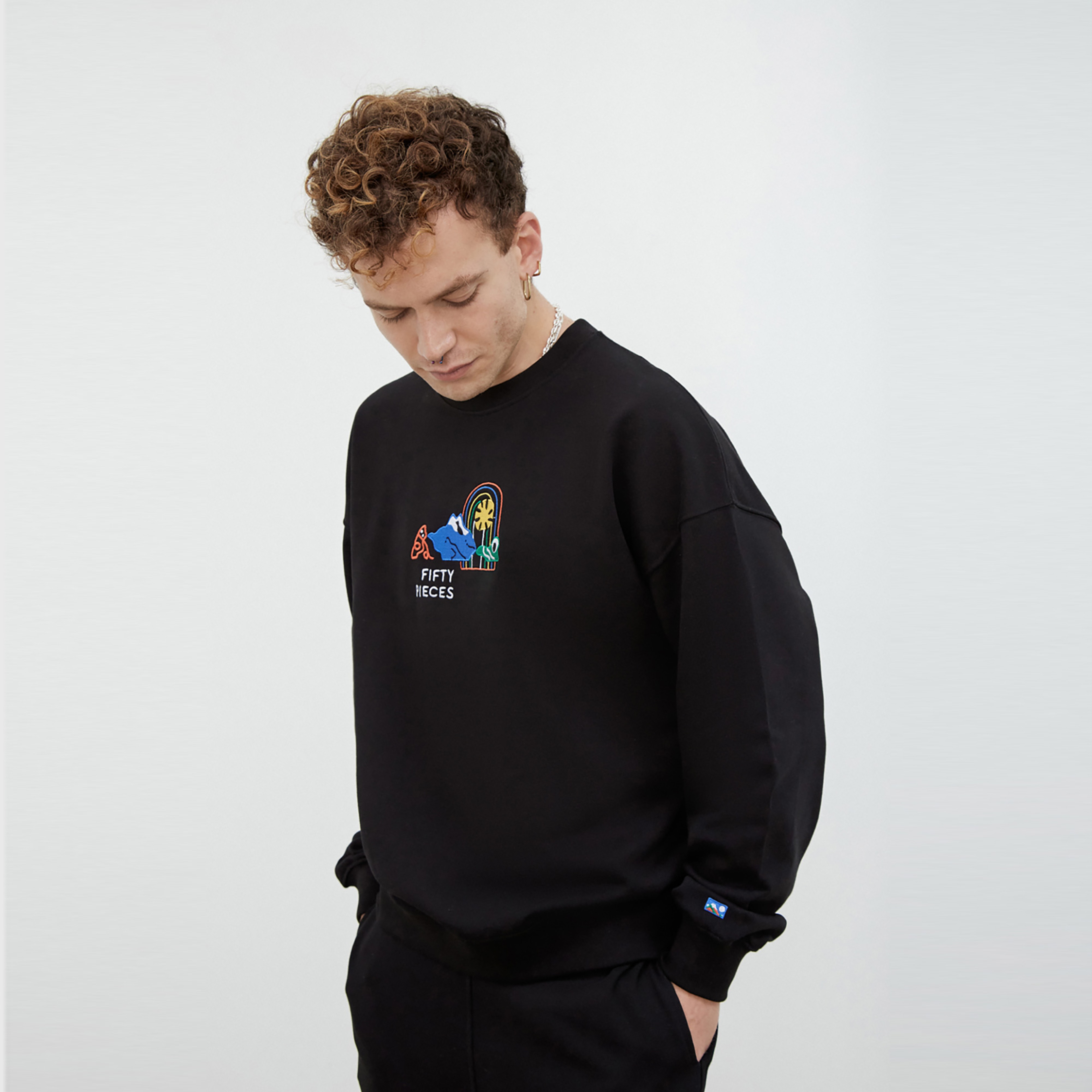 Fifty Pieces Dropped Shoulder Erkek Siyah Sweatshirt
